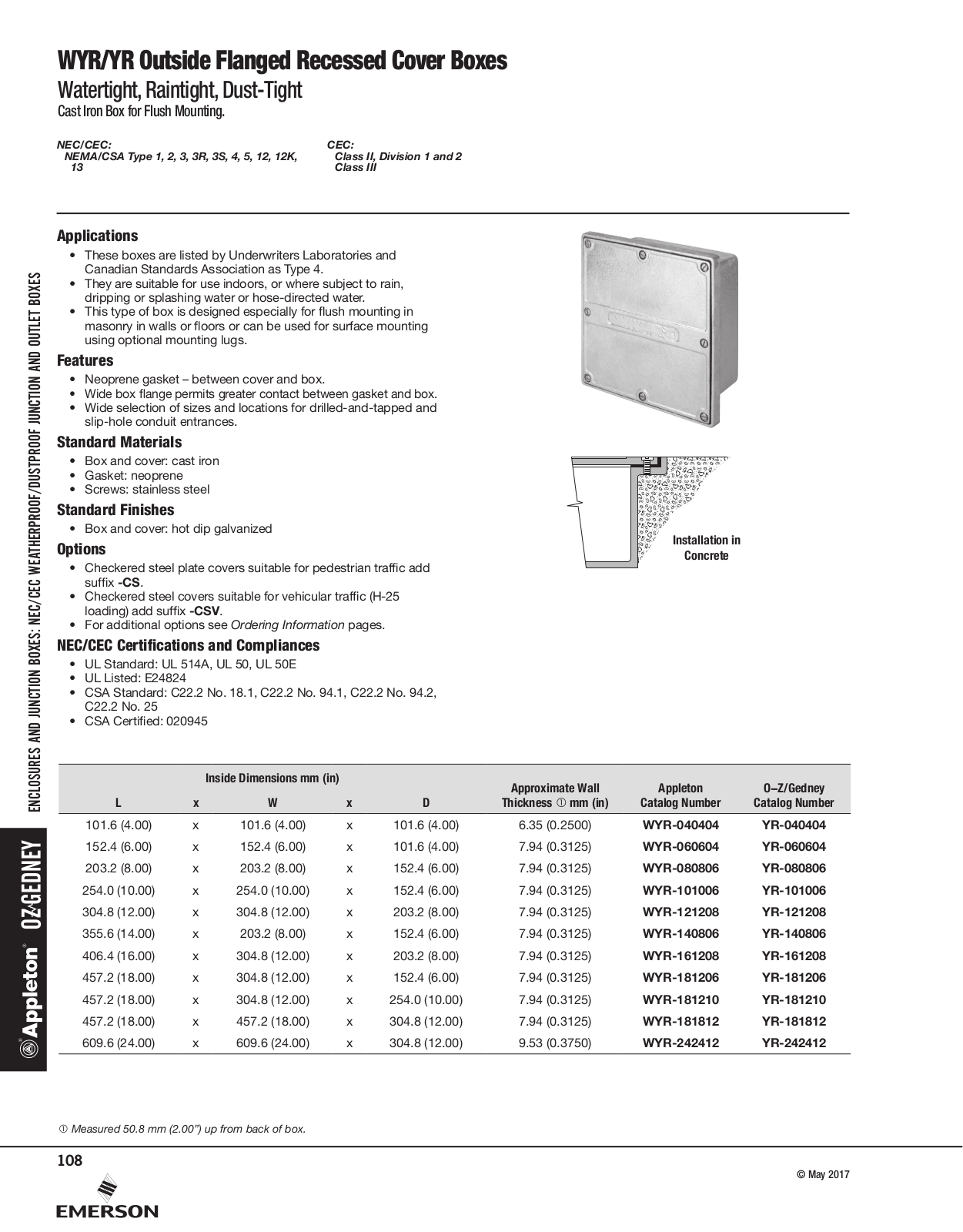 Appleton WYR Outside Flanged Recessed Cover Boxes, YR Outside Flanged Recessed Cover Boxes Catalog Page