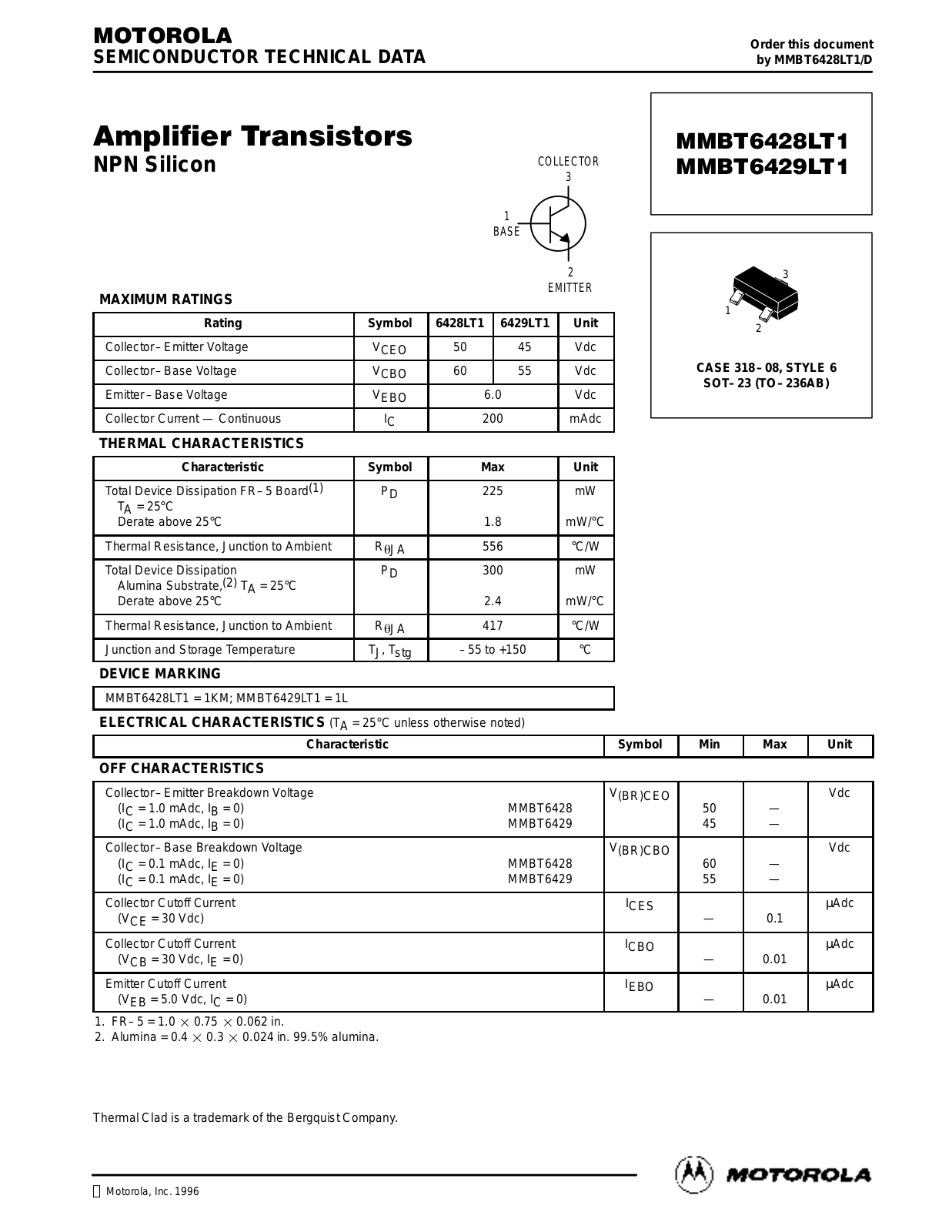 Motorola MMBT6428LT1 Datasheet