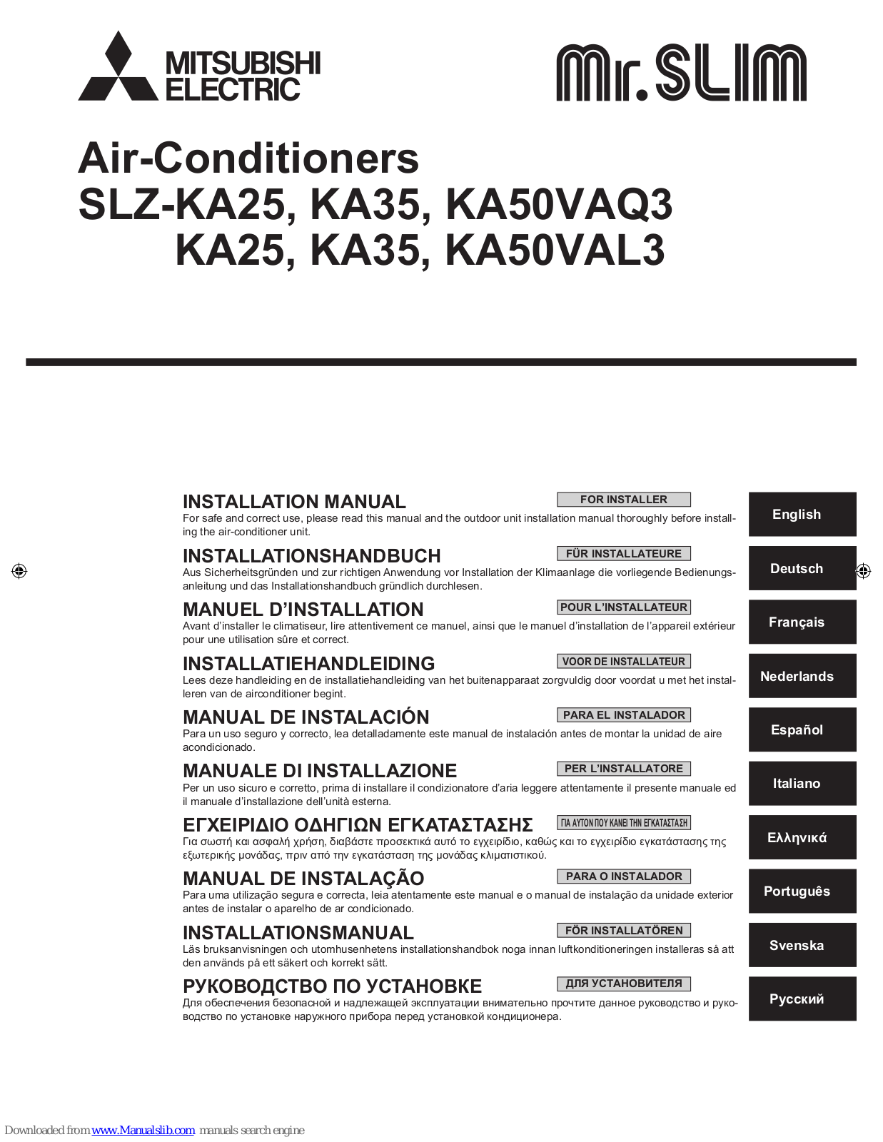 Mitsubishi Electric SLZ-KA25, SLZ-KA35, SLZ-KA50VAL3, SLZ-KA50VAQ Installation Manual