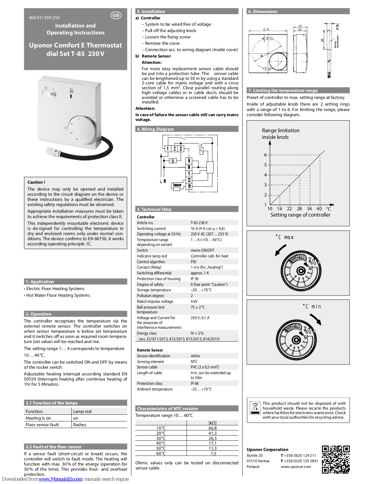 Uponor T-85 Installation And Operating Instructions Manual