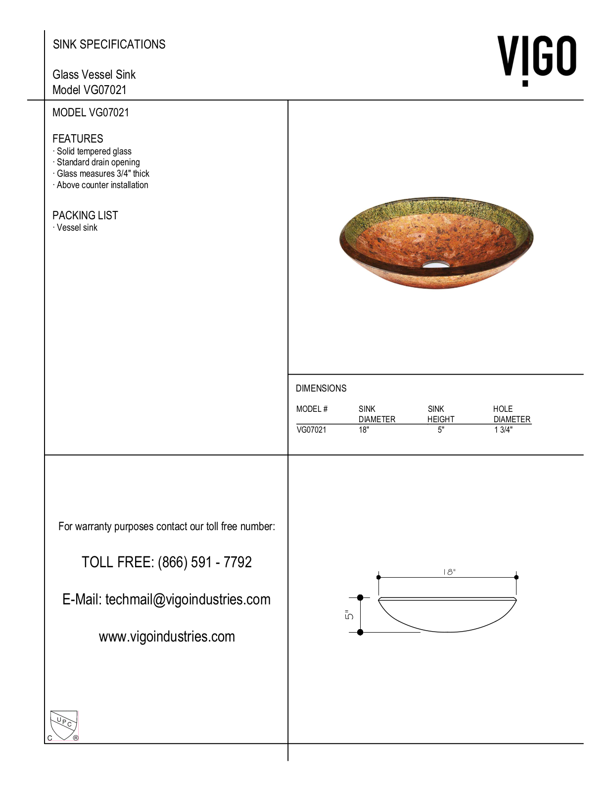 Vigo VGT016RBRND, VGT016BNRND, VGT1030, VGT377 Specifications