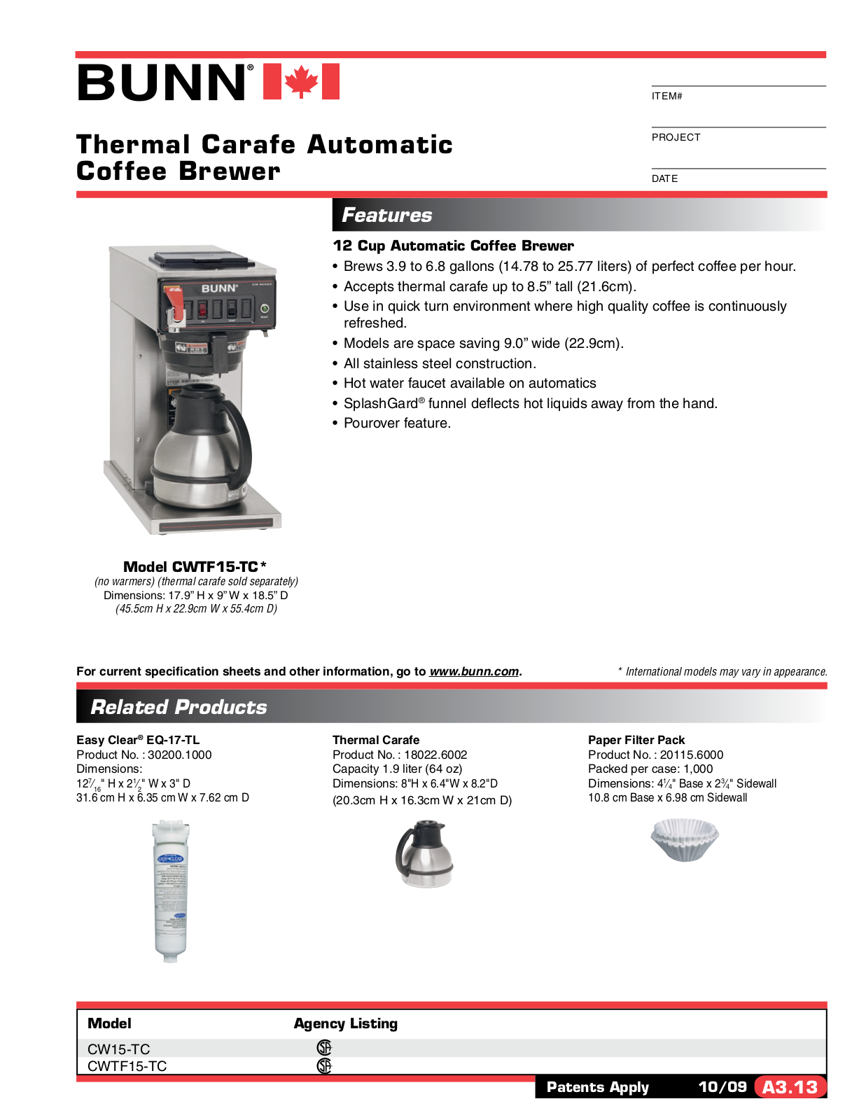 Bunn Coffee Maker CWTF-DV-TC User Manual