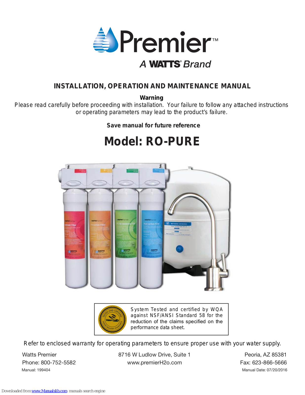 Premier RO-PURE Installation, Operation And Maintenance Manual - ManualMachine.com