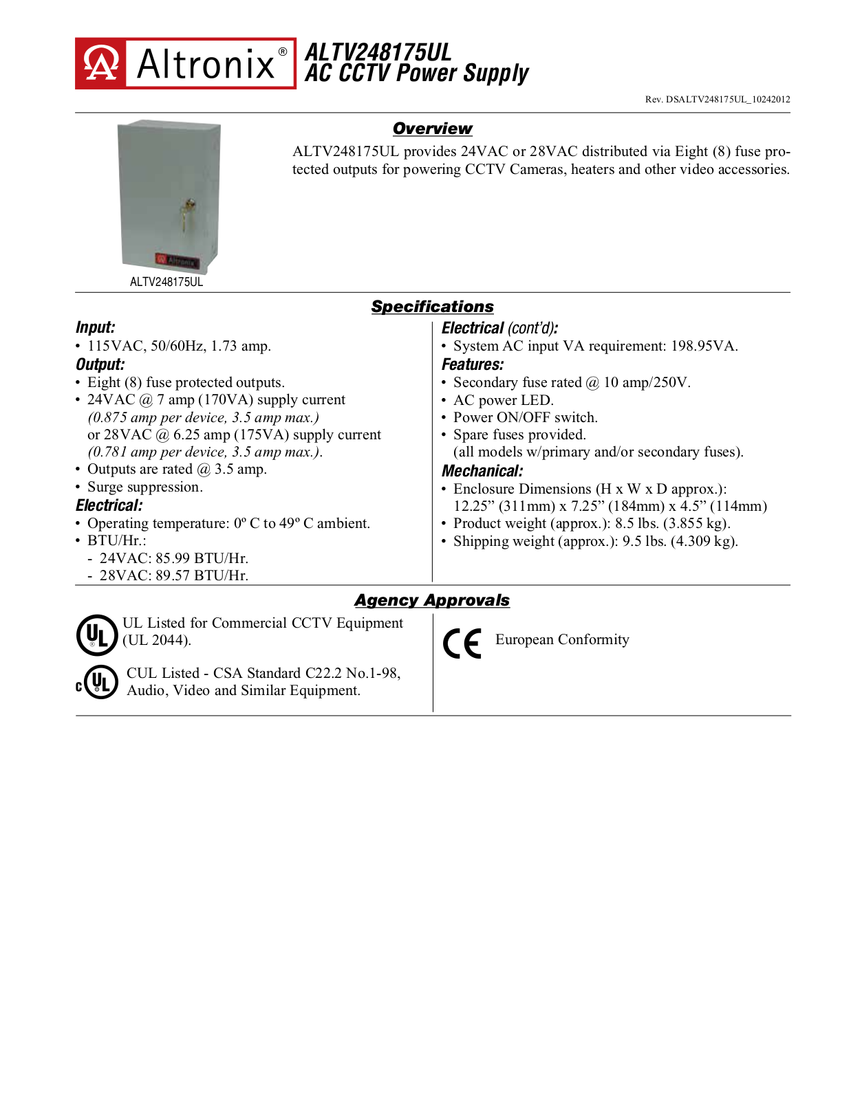 Altronix ALTV248175UL Data Sheet