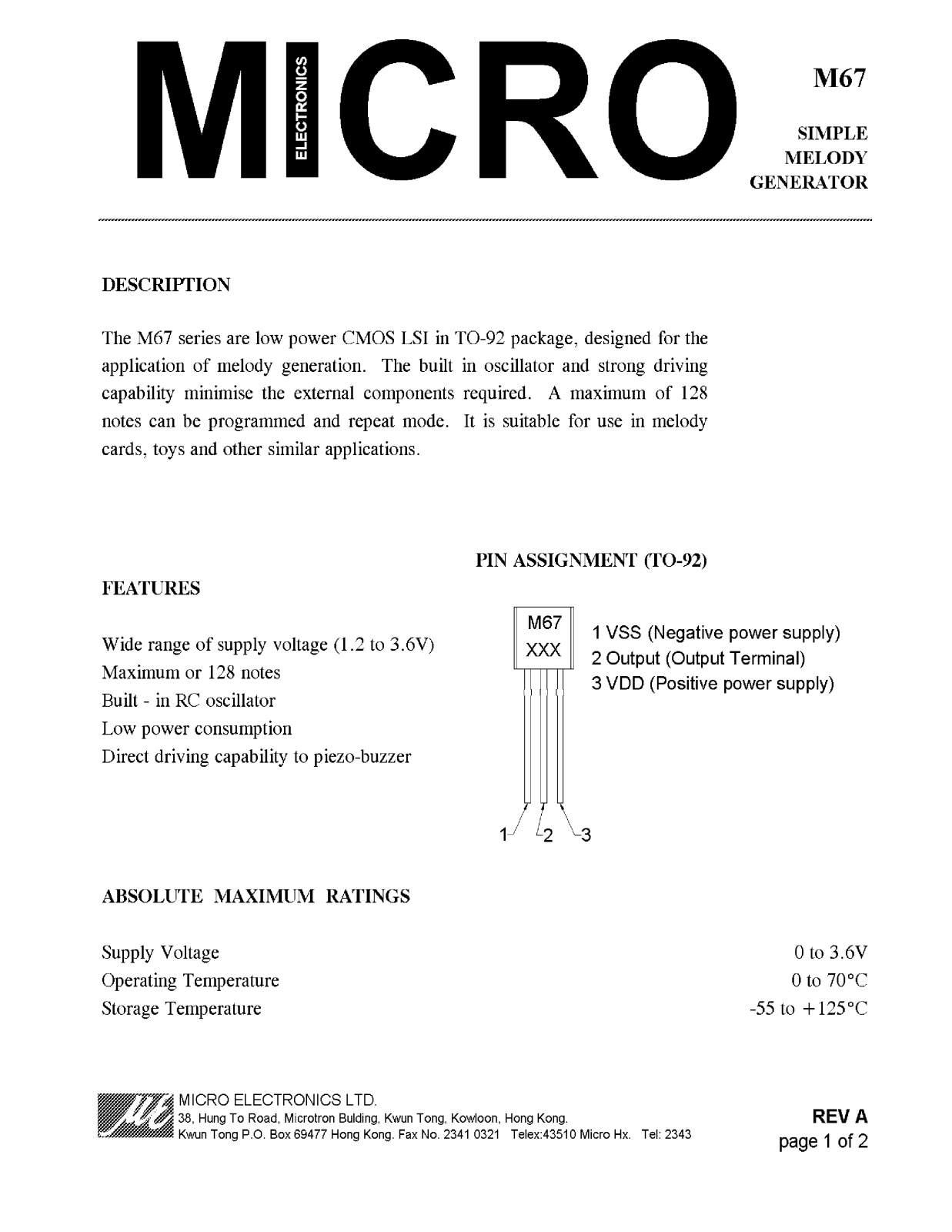 MICRO M67 Datasheet