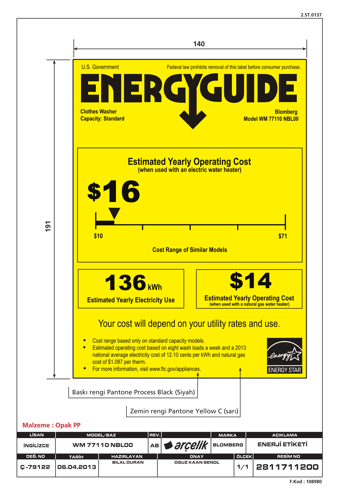 Blomberg WM77120 Energy Guide