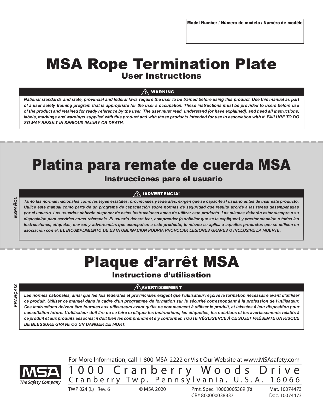 MSA Rope Termination Plate Instruction Manual