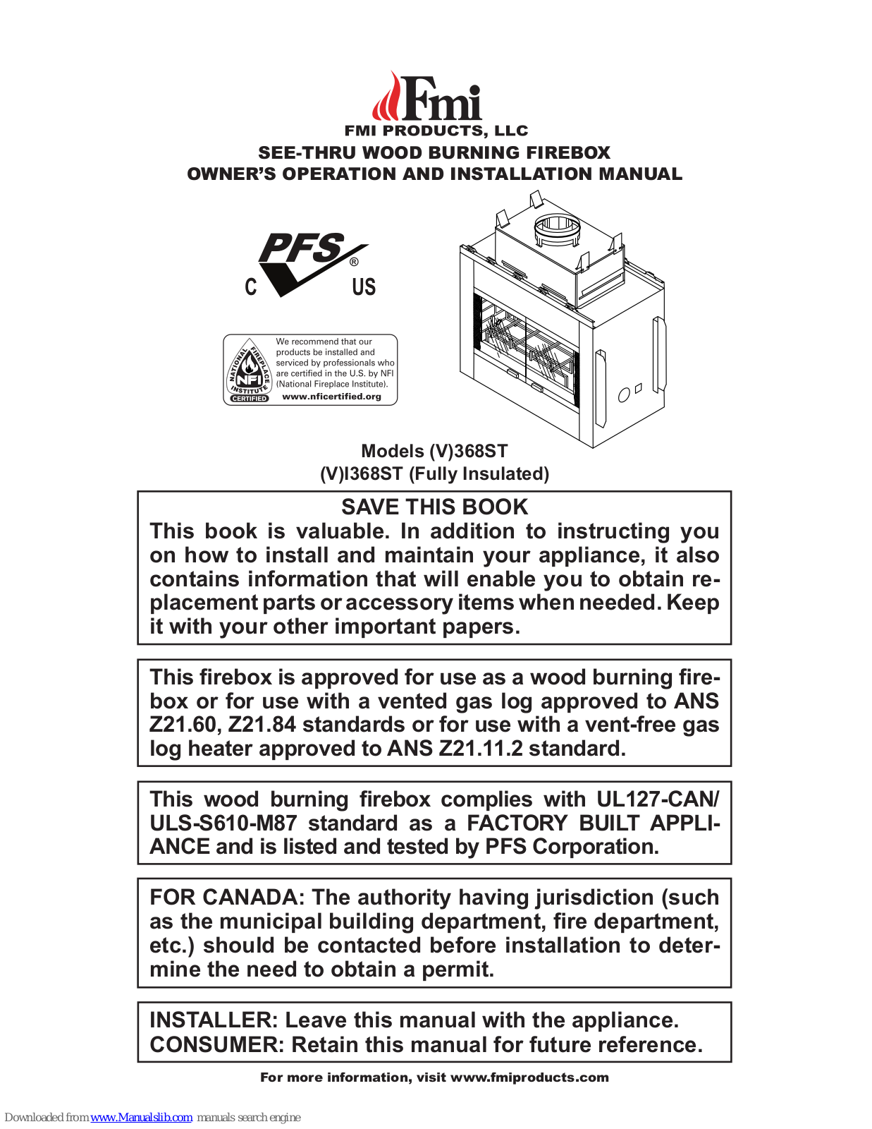 FMI V368ST, 368ST, VI368ST, I368ST Owner's Operation And Installation Manual