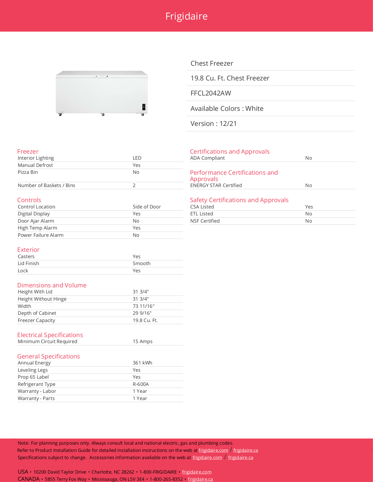Frigidaire FFCL2042AW Specifications - ManualMachine.com