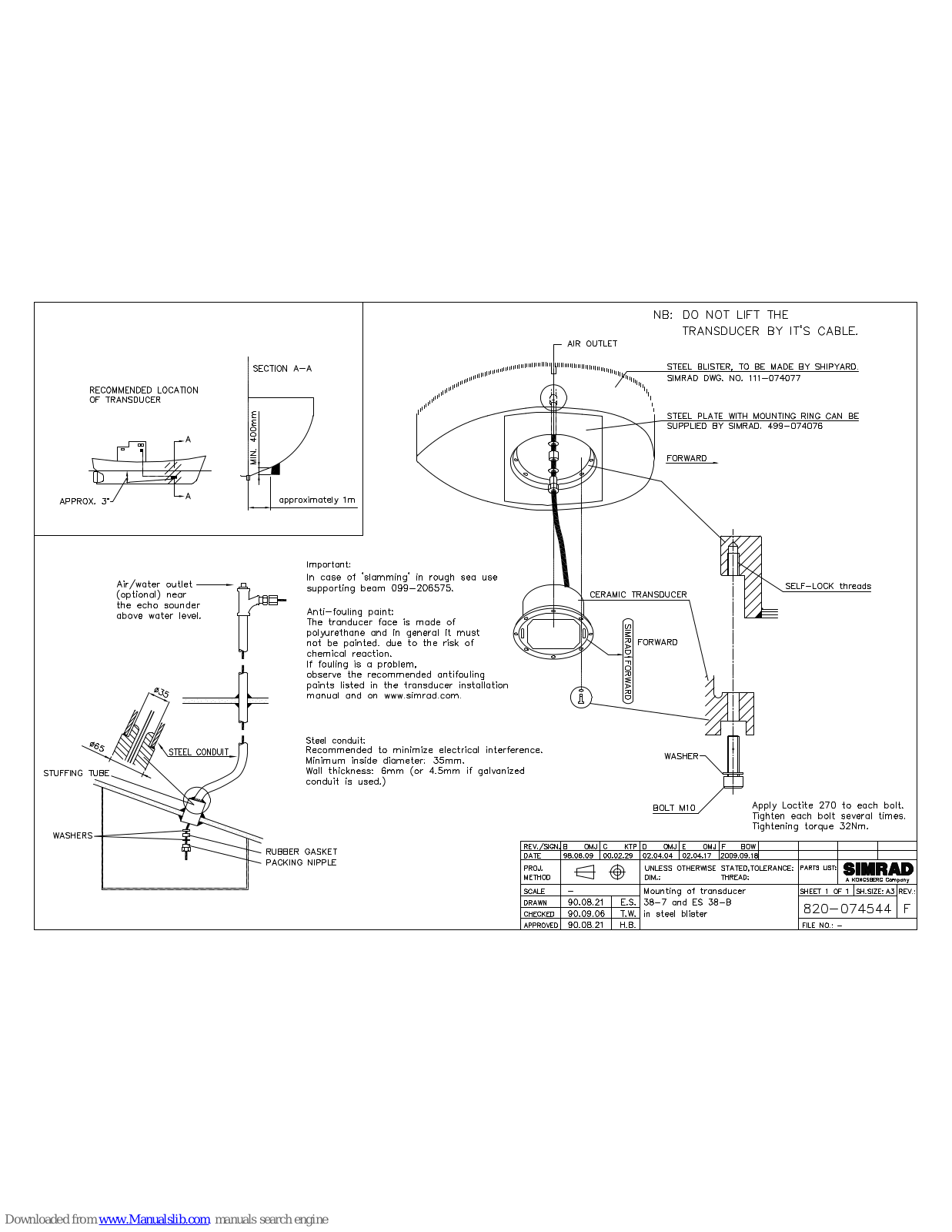 Simrad TRANSDUCER MOUNTING ARRANGEMENT - SCHEMA REV F, ES 38-7, ES 38-B User Manual