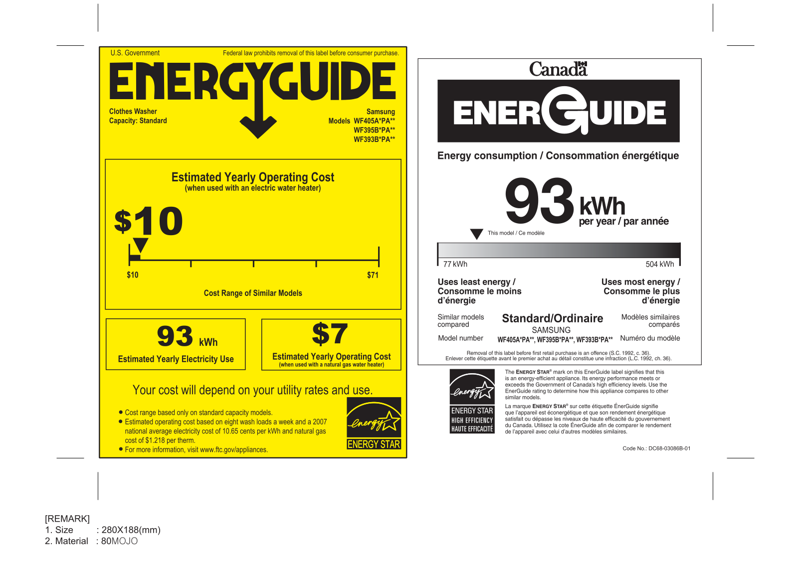 Samsung WF395BTPARA-A2, WF393BTPAWR-A2 Energy Guide