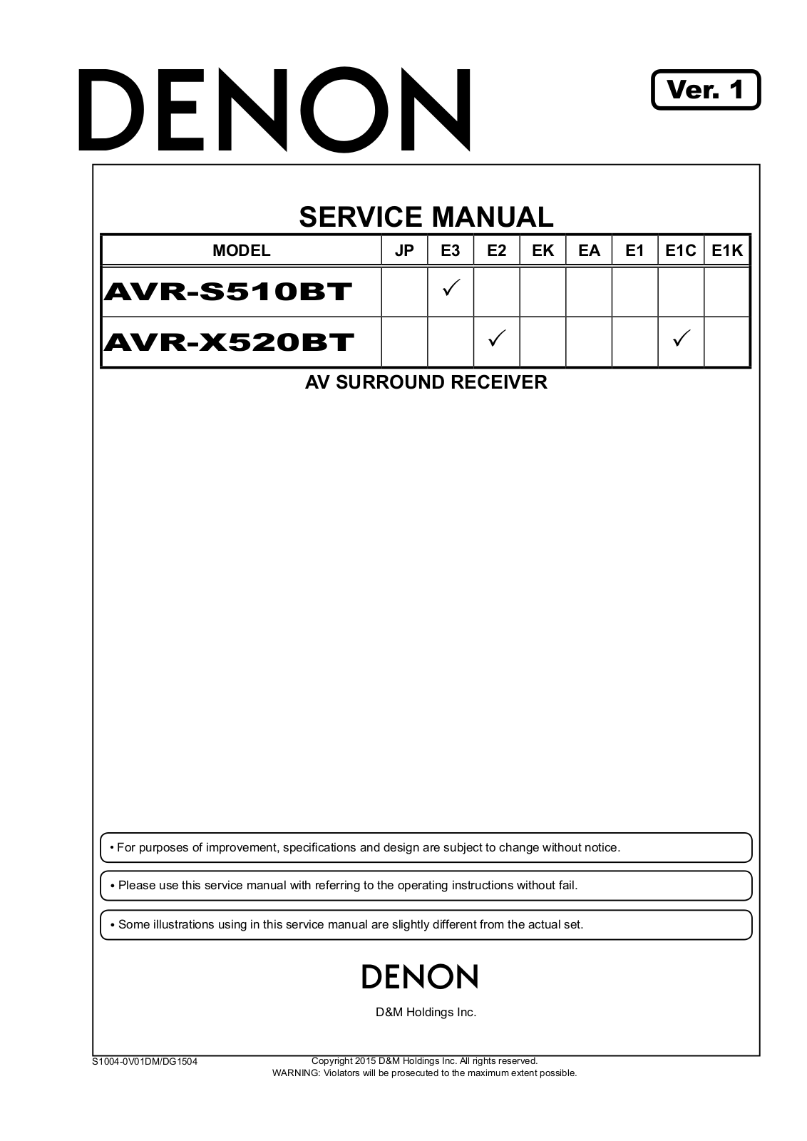Denon AVR-S510BT, AVR-X520BT Service manual