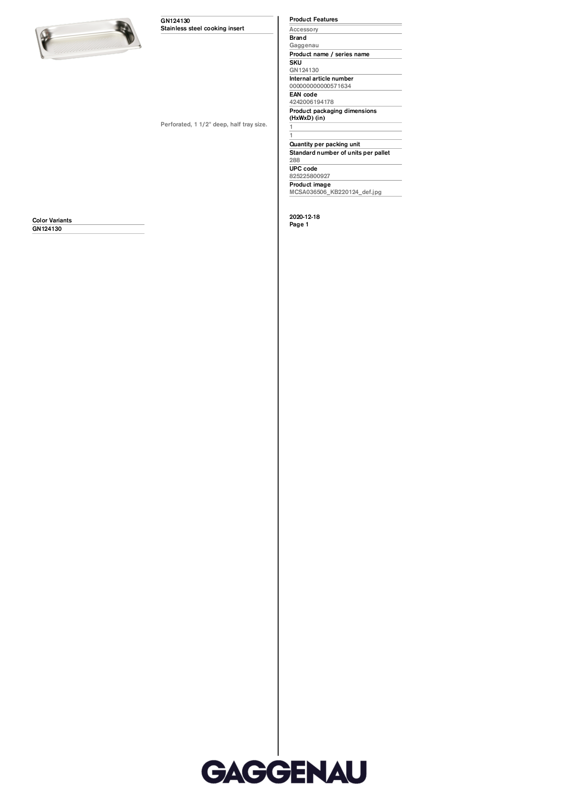 Gaggenau GN124130 Specification Sheet