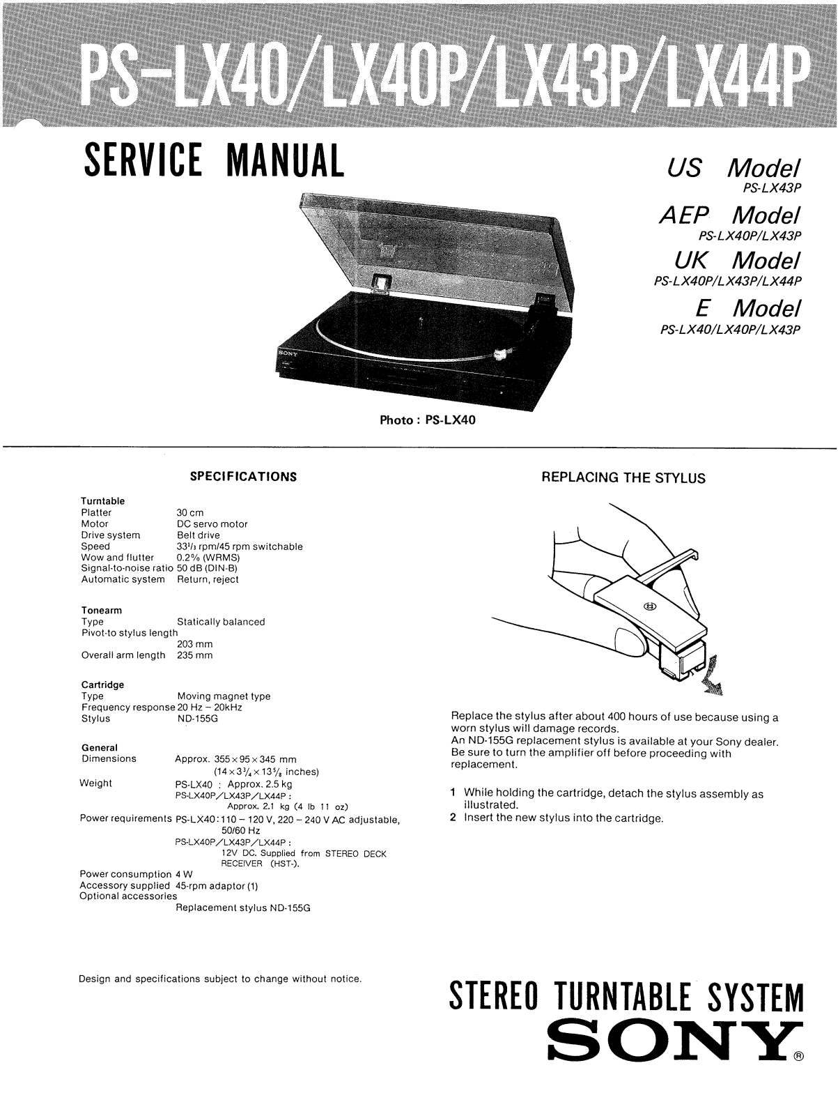 Sony PSLX-43-P Service manual