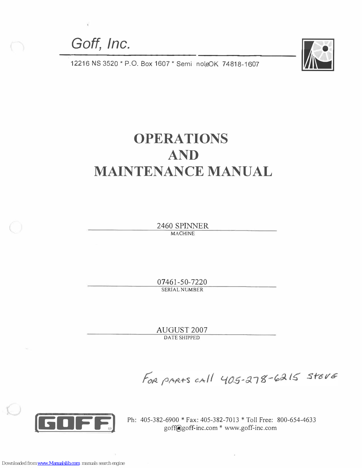 Goff 2460 Operation And Maintenance Manual