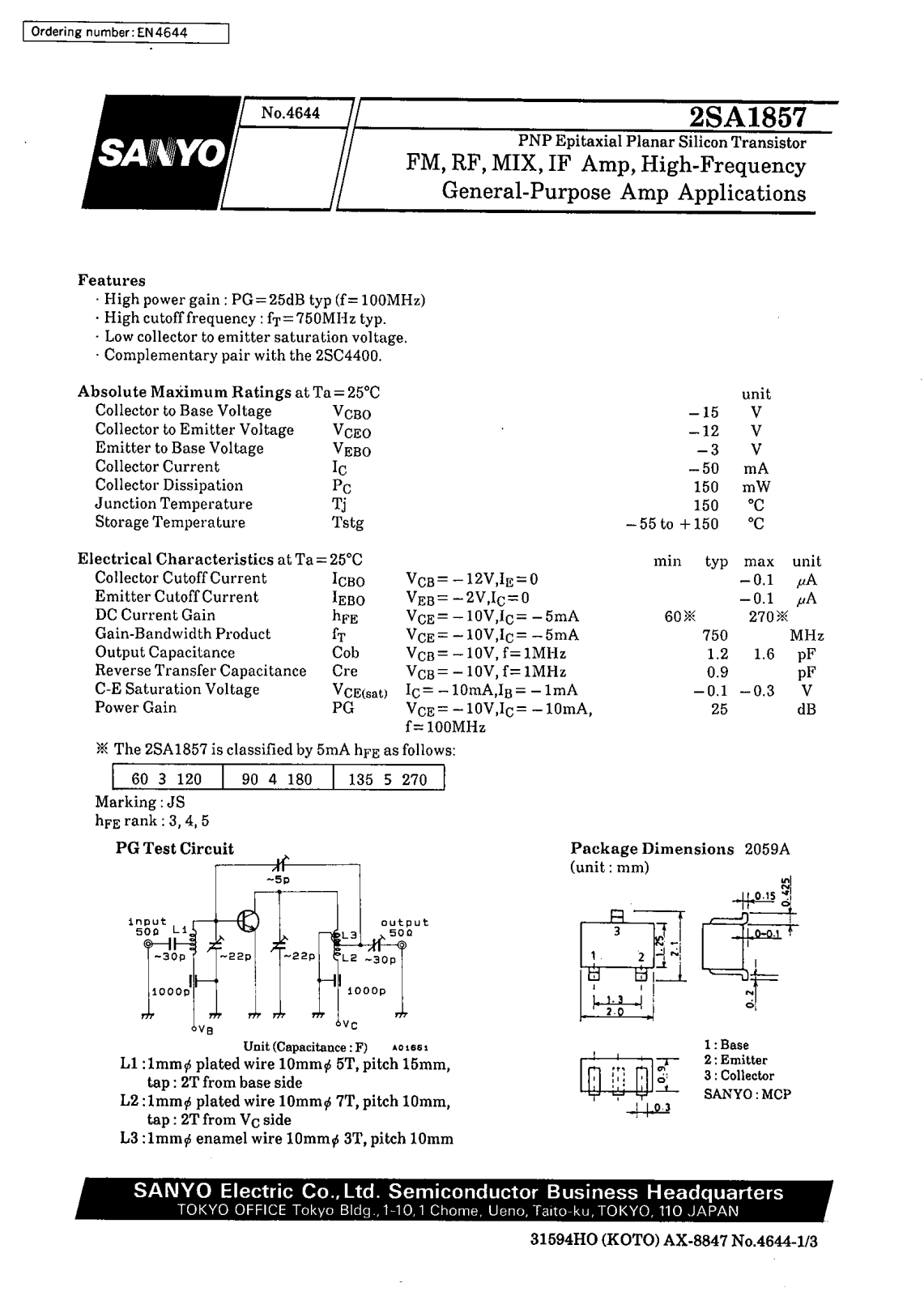 SANYO 2SA1857 Datasheet