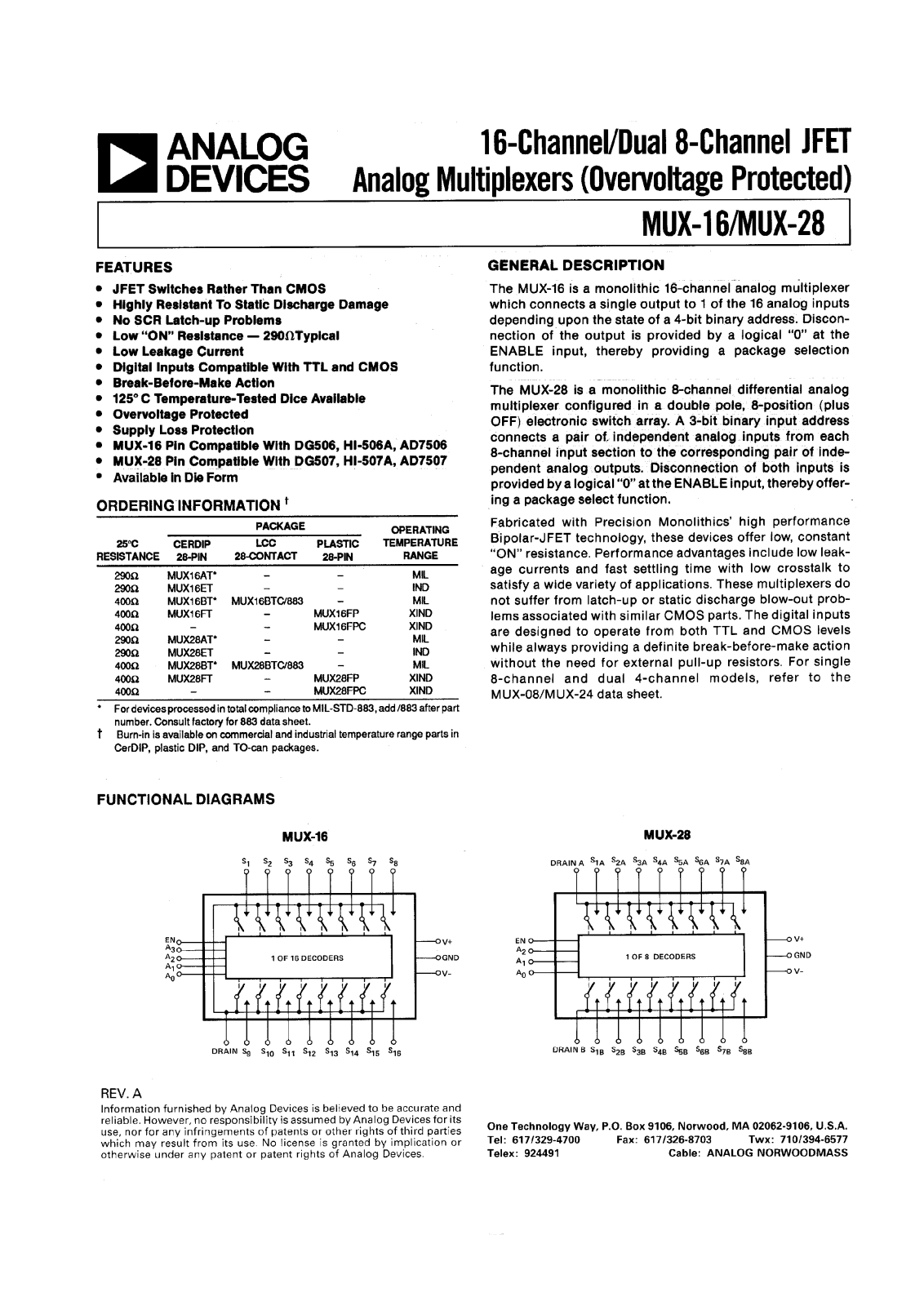 Analog Devices MUX16ET, MUX16FP, MUX28ET, MUX28BTC-883, MUX28AT Datasheet