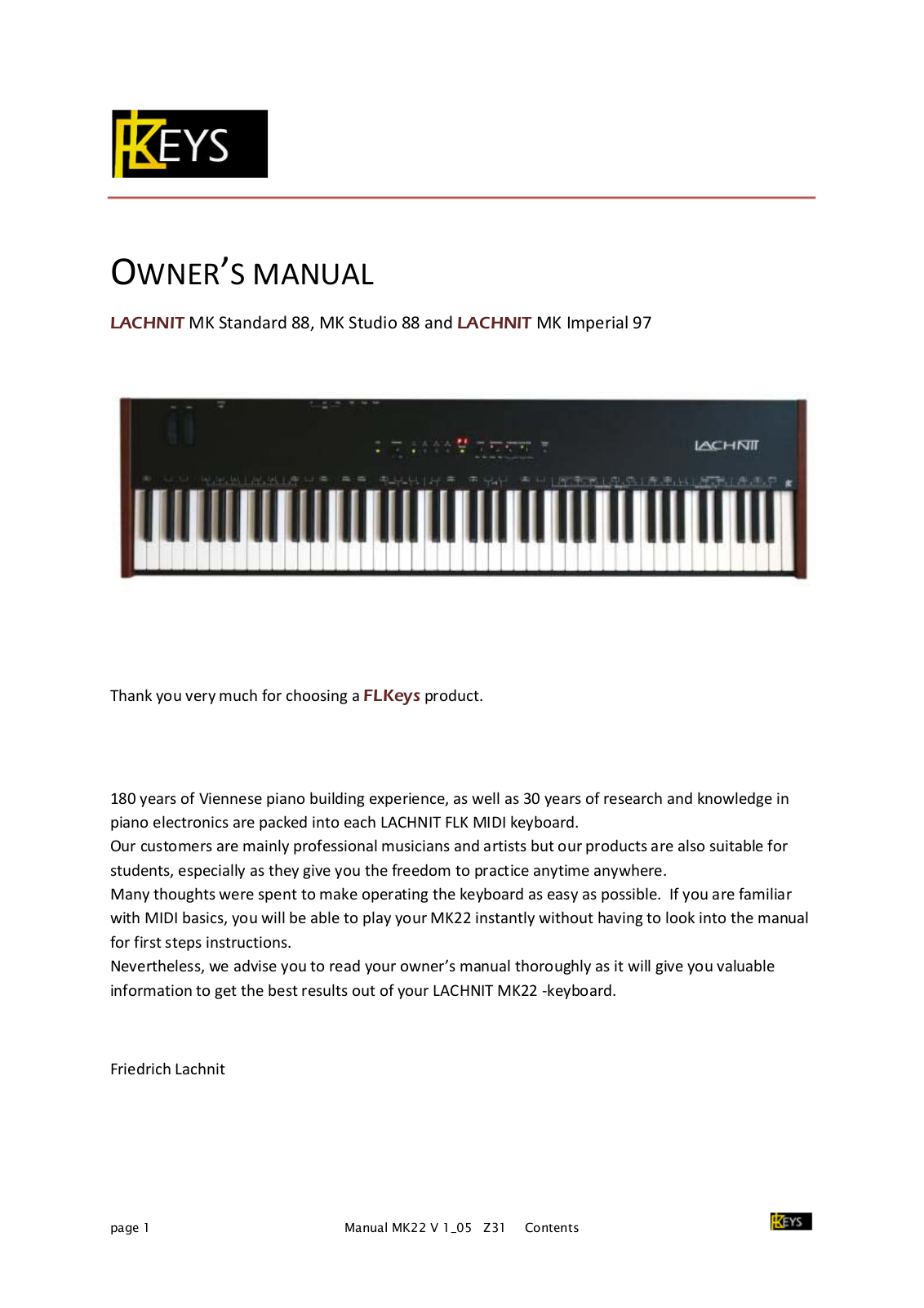 FLKeys LACHNIT MK Standard 88, LACHNIT MK Imperial 97, LACHNIT MK Studio 88 Owner's Manual