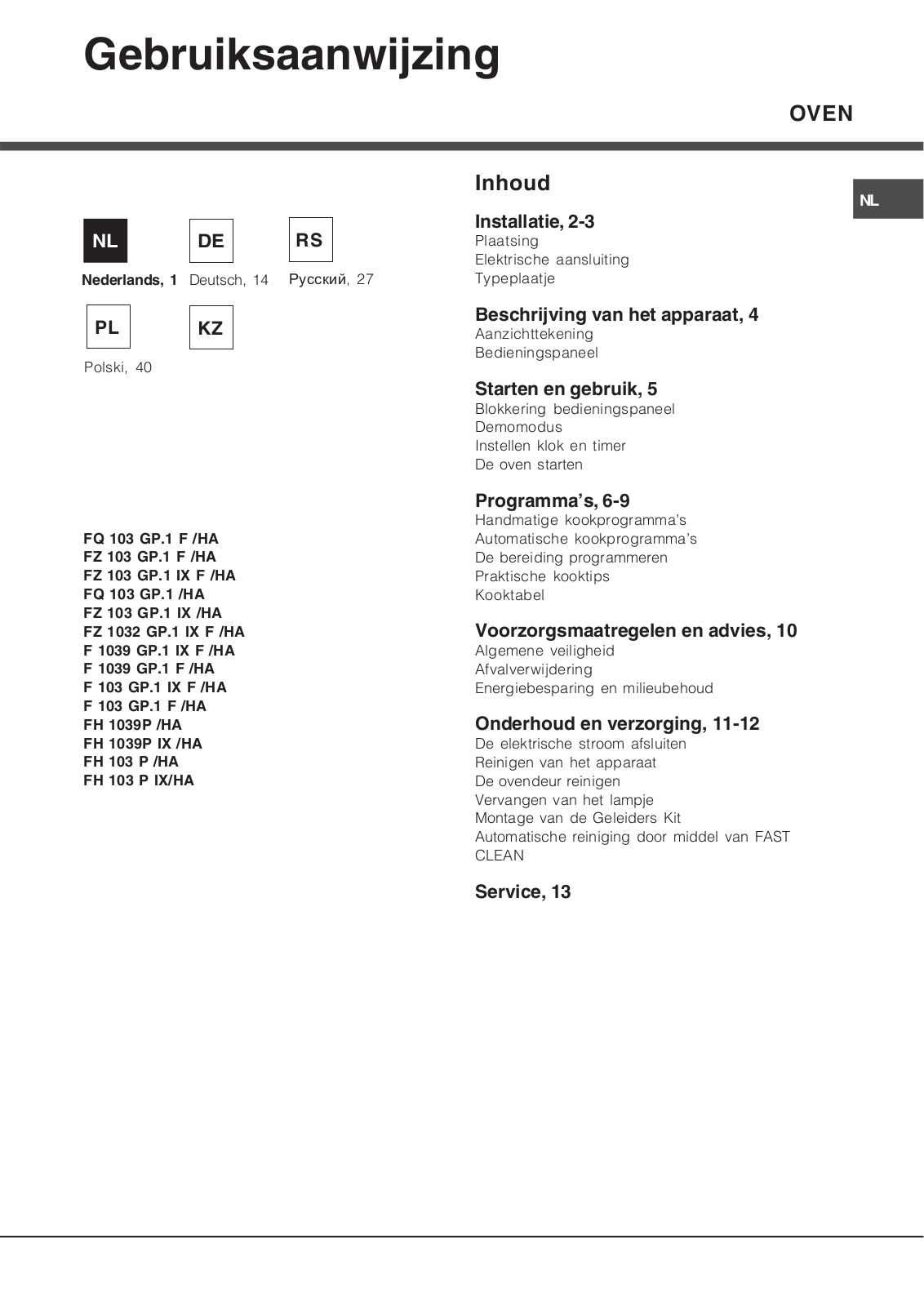 ARISTON FQ 103 GP.1 F -HA, FZ 103 GP.1 F -HA, FZ 103 GP.1 IX F -HA, FQ 103 GP.1 -HA, FZ 103 GP.1 IX -HA User Manual