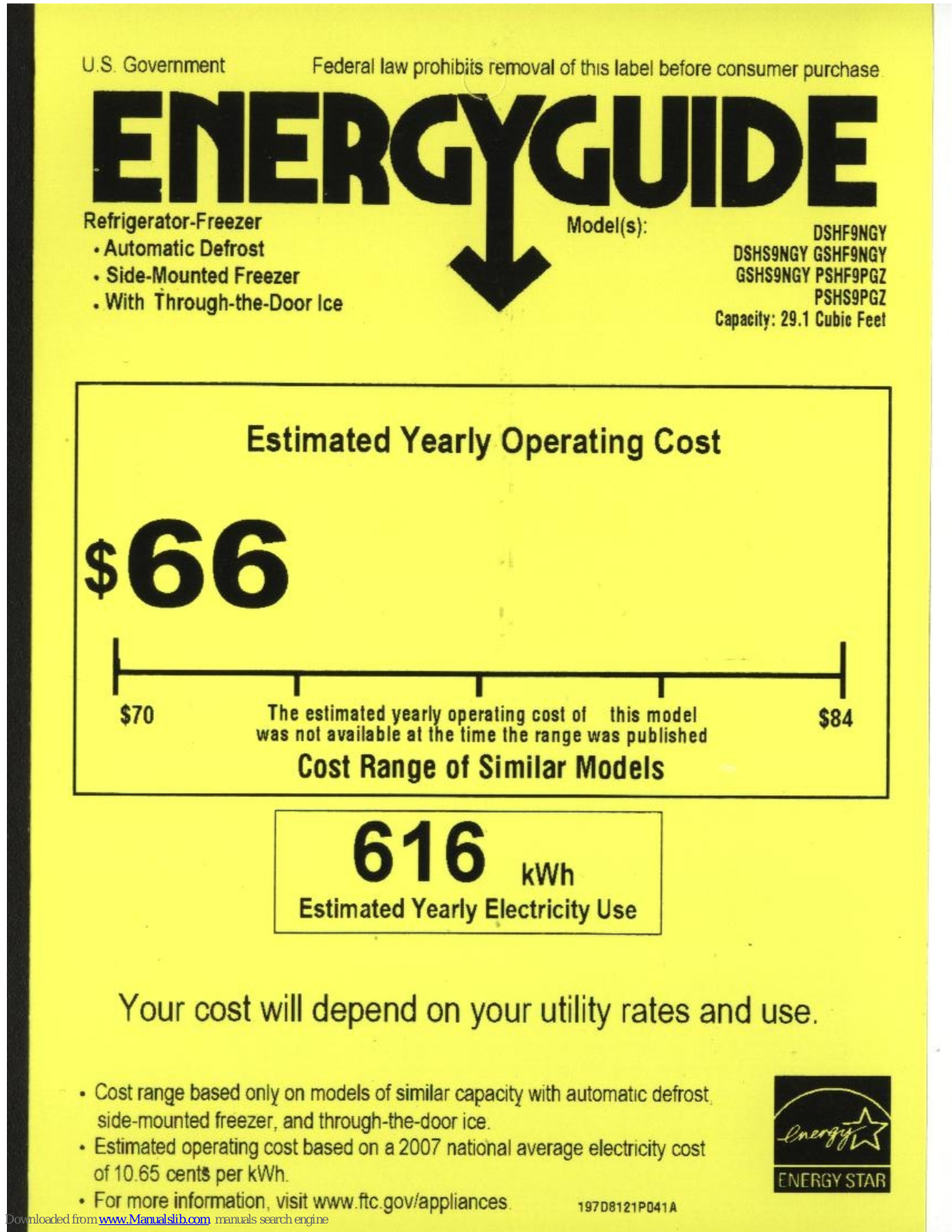 GE GSHF9NGYWW, GSHS9NGYSS - 29CF SxS Ref TRMLS Case G, PSHS9PGZSS, DSHF9NGY, DSHS9NGY Energy Manual