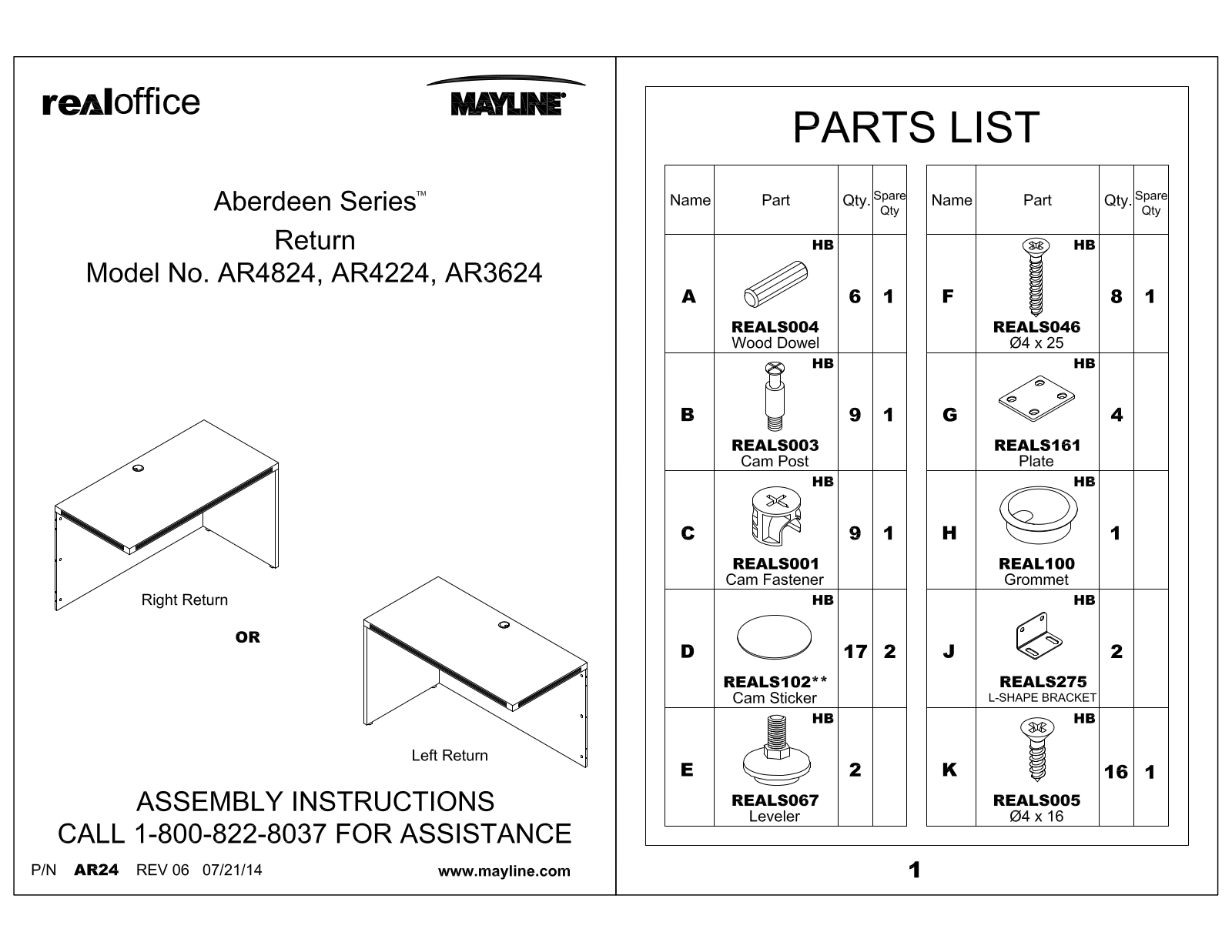 Mayline AR4224LGS, AR4224LDC, AR4224LMA, AR4224LCR, AR3624LGS Assembly Guide