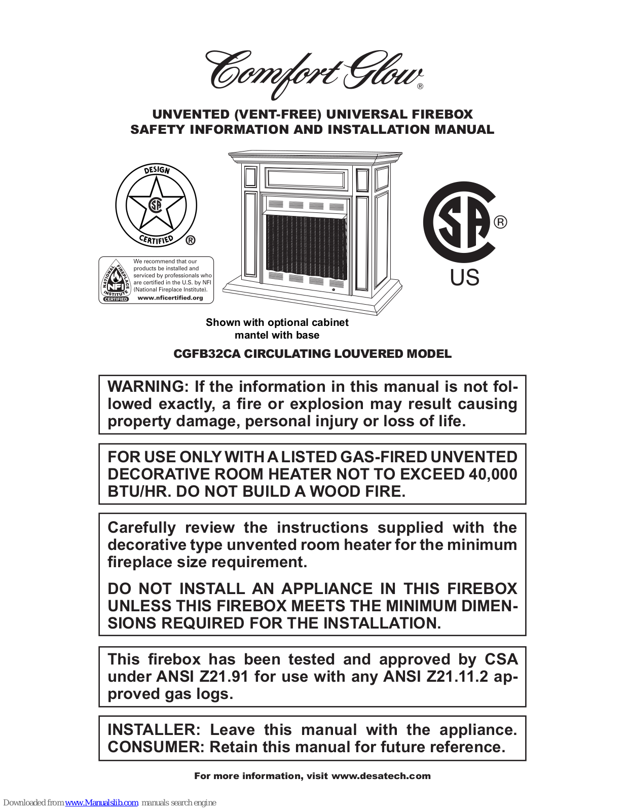 Comfort Glow CGFB32CA Installation Manual