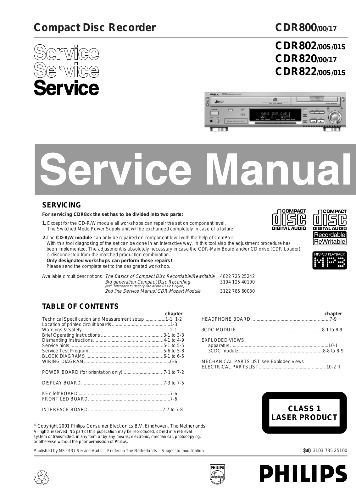 Philips CDR-800, CDR-802, CDR-820, CDR-822 Service manual