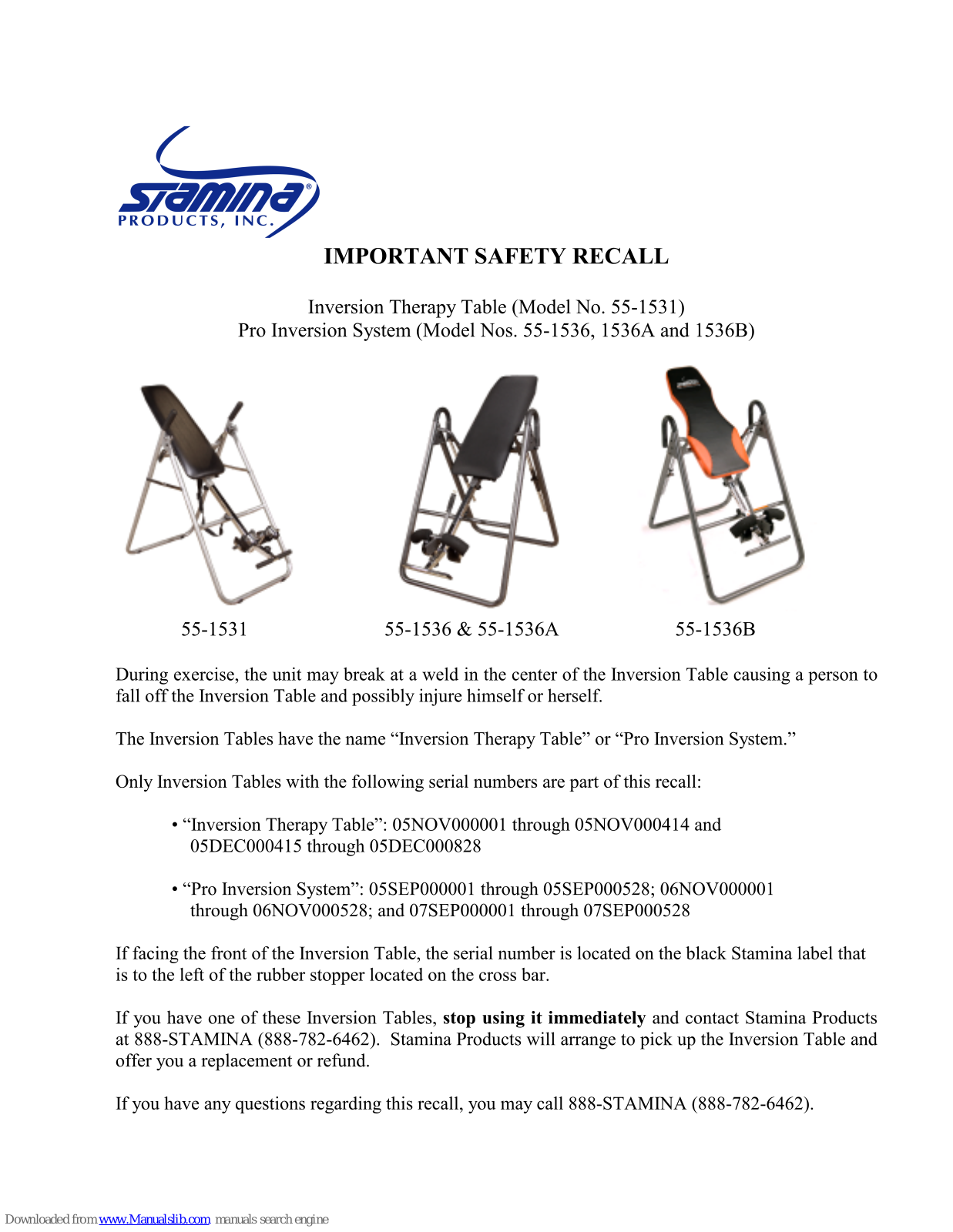 Stamina 55-1531, 55-1536, 55-1536A, 55-1536B Safety Information Manual