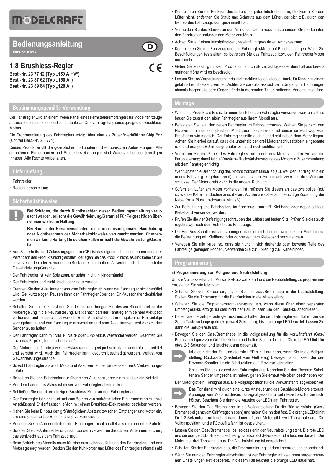 Modelcraft 23 77 12, 23 87 62, 23 89 84 Operating instructions