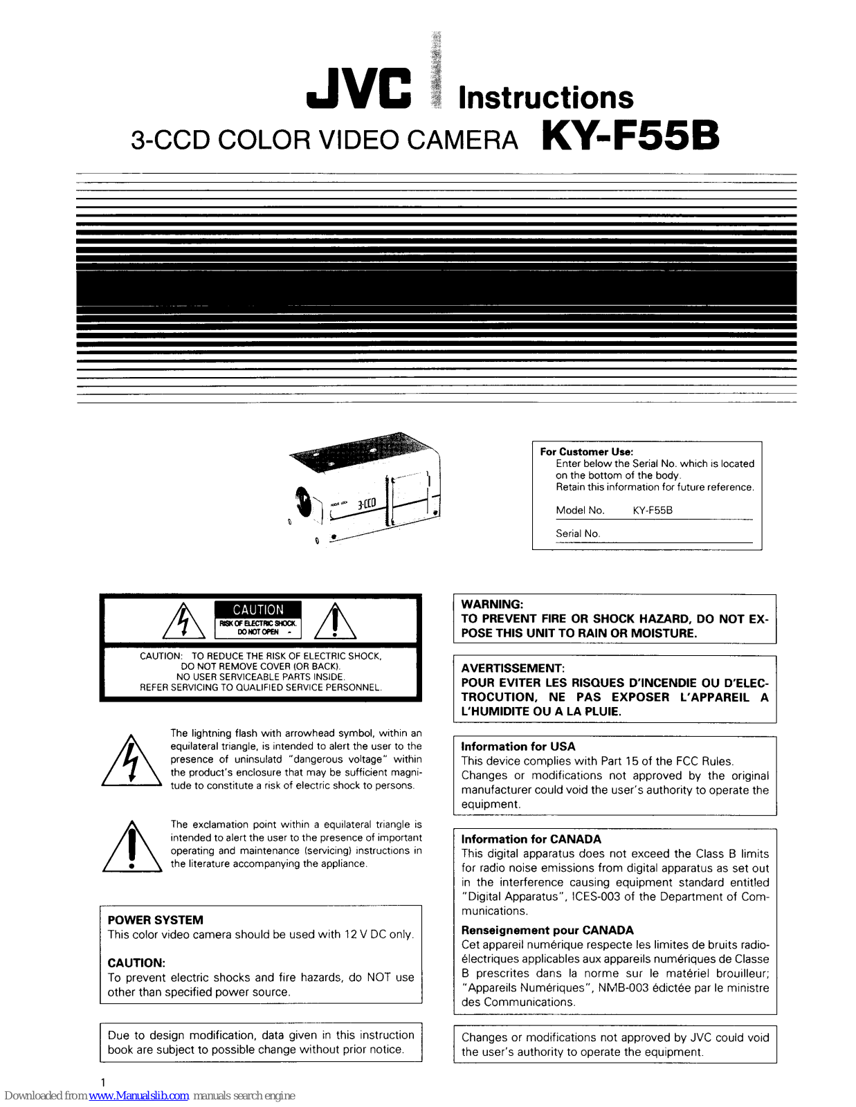 JVC KY-F55BU - 3-ccd All-purpose Color Camera Less Lens, KY-F55B Instructions Manual