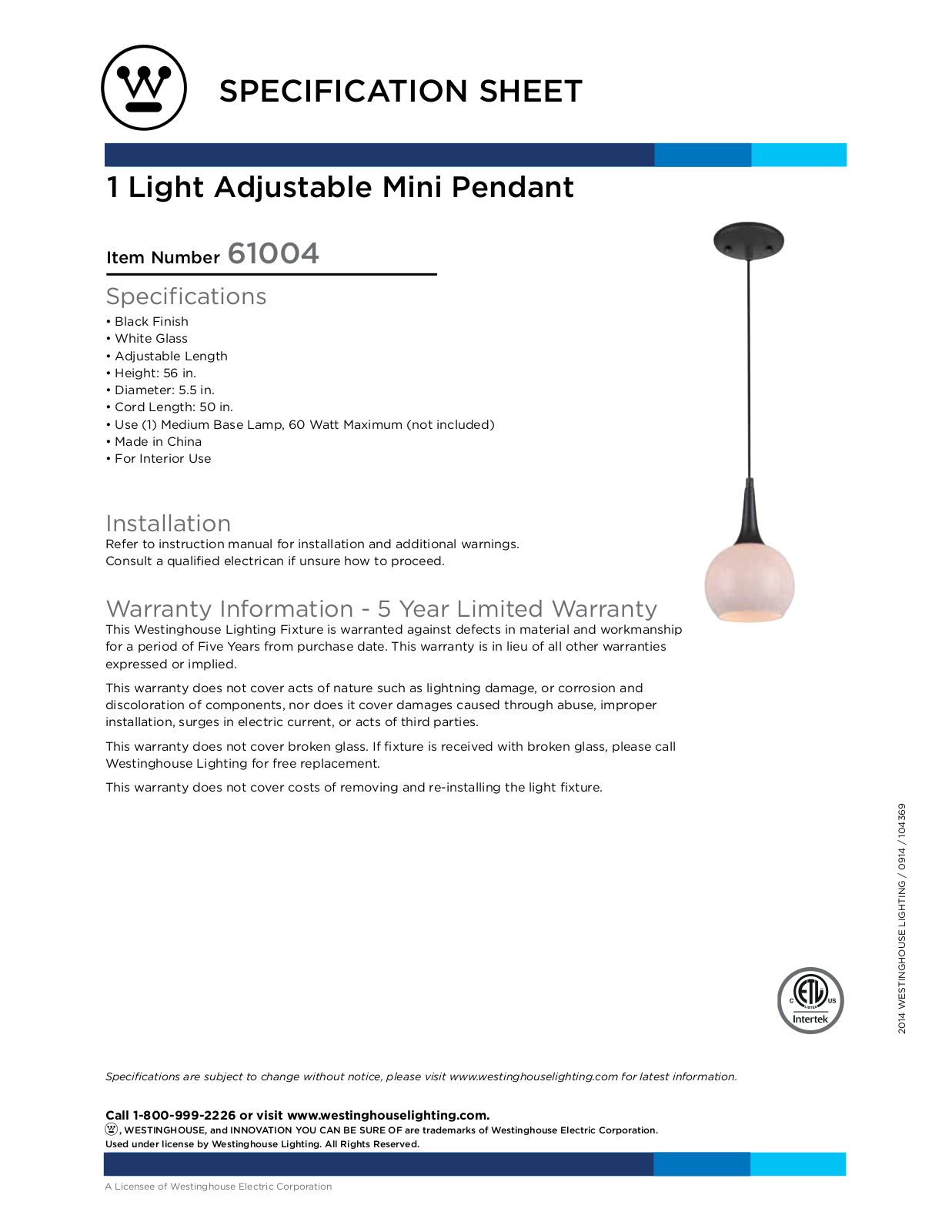 Westinghouse 6100400 Specification