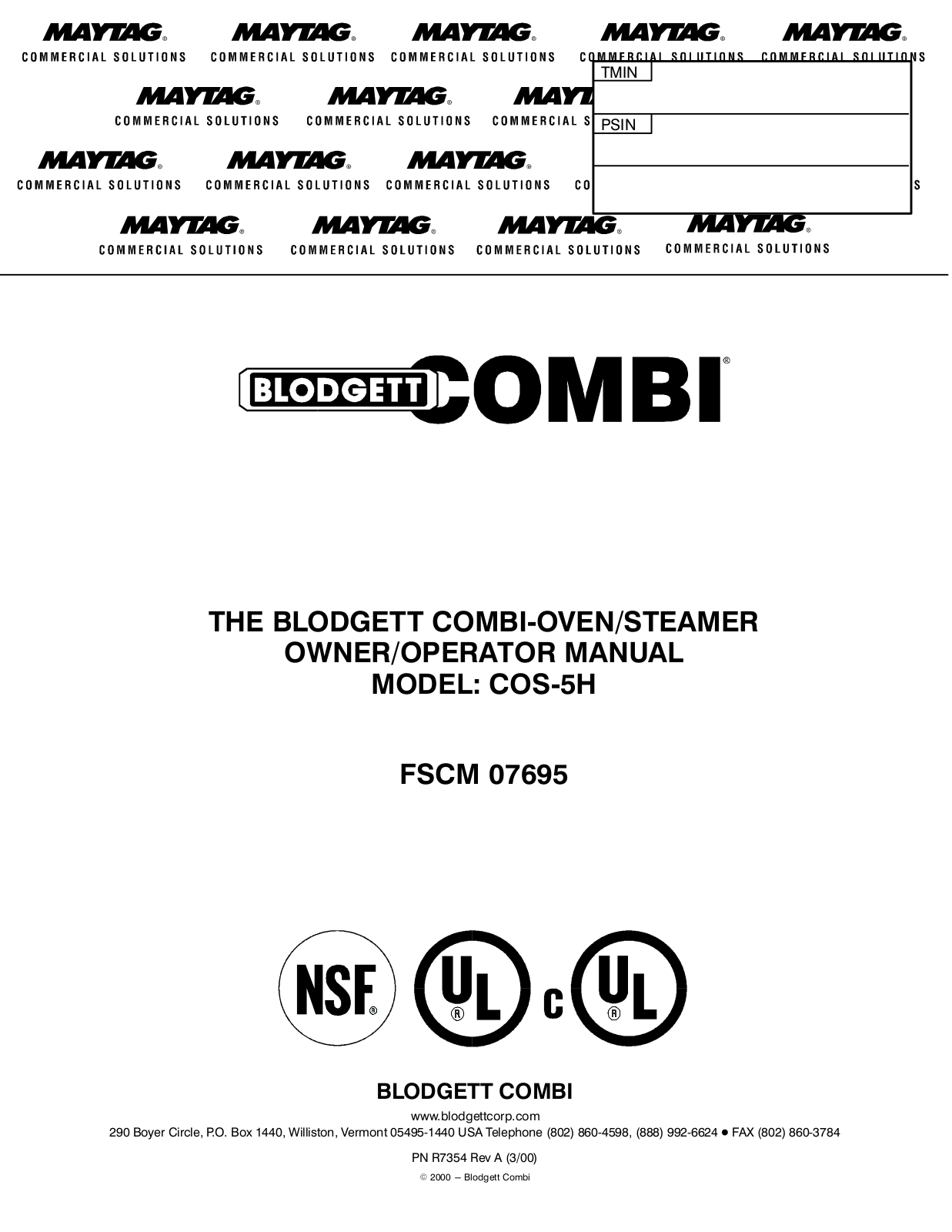 Blodgett COS-5H Installation Manual