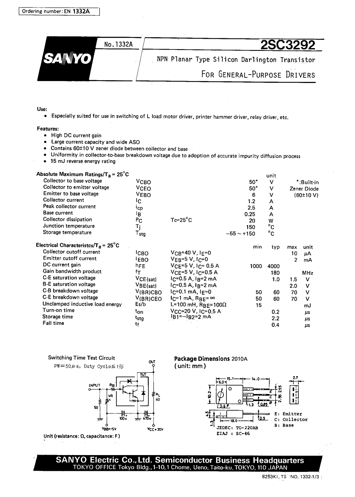 SANYO 2SC3292 Datasheet