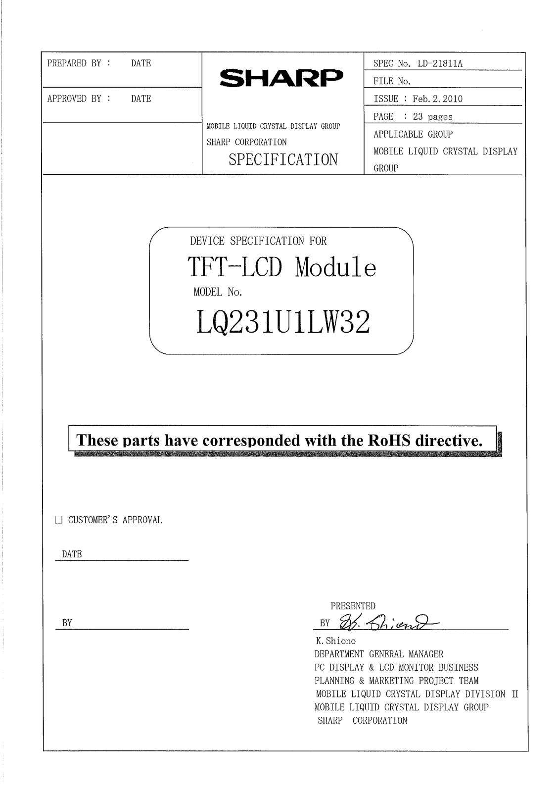 SHARP LQ231U1LW32 Specification