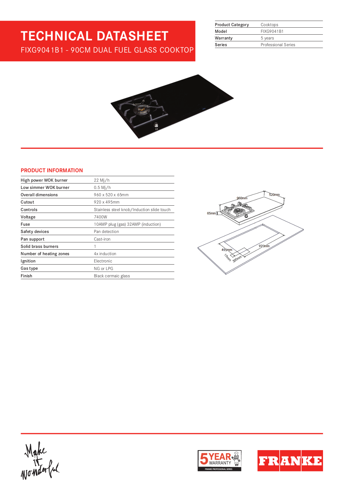 Franke FIXG9041B1L, FIXG9041B1N Specifications Sheet