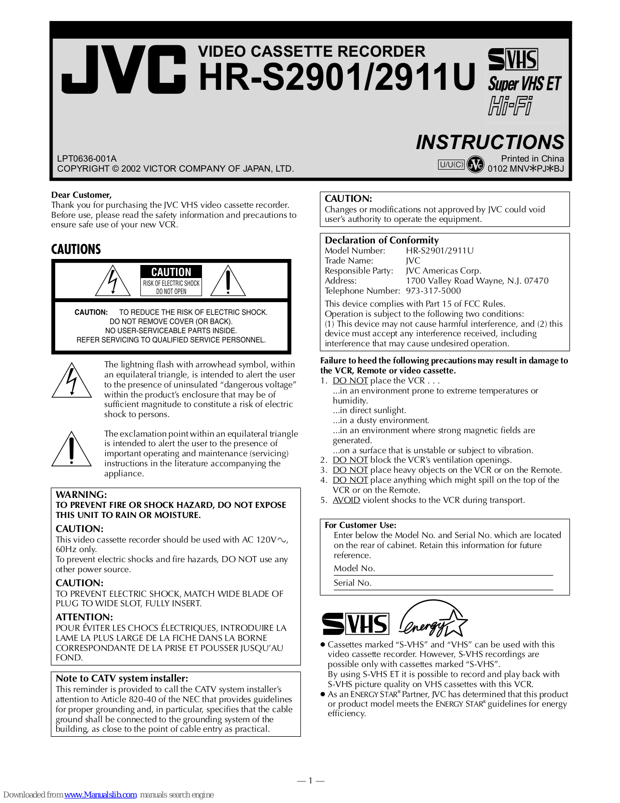 JVC HR-S2901/2911U, HR-S2901U, HR-S2911U Instructions Manual