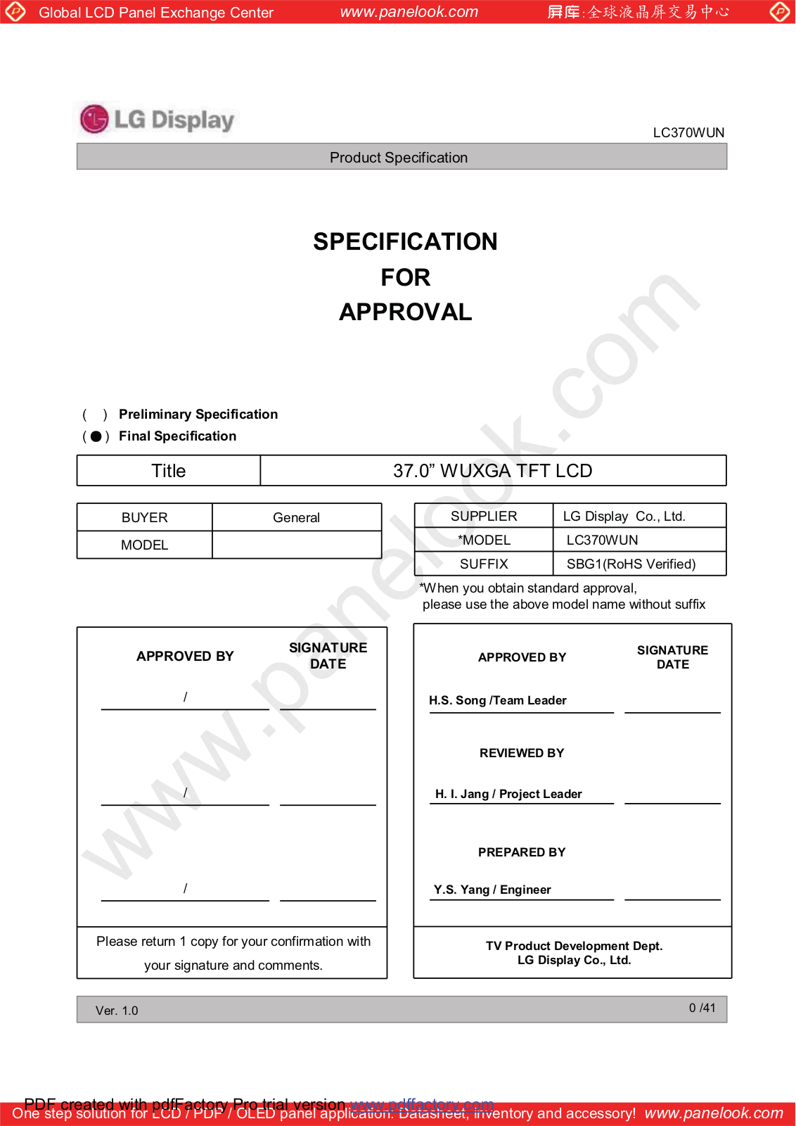 LG Display LC370WUN-SBG1 Specification