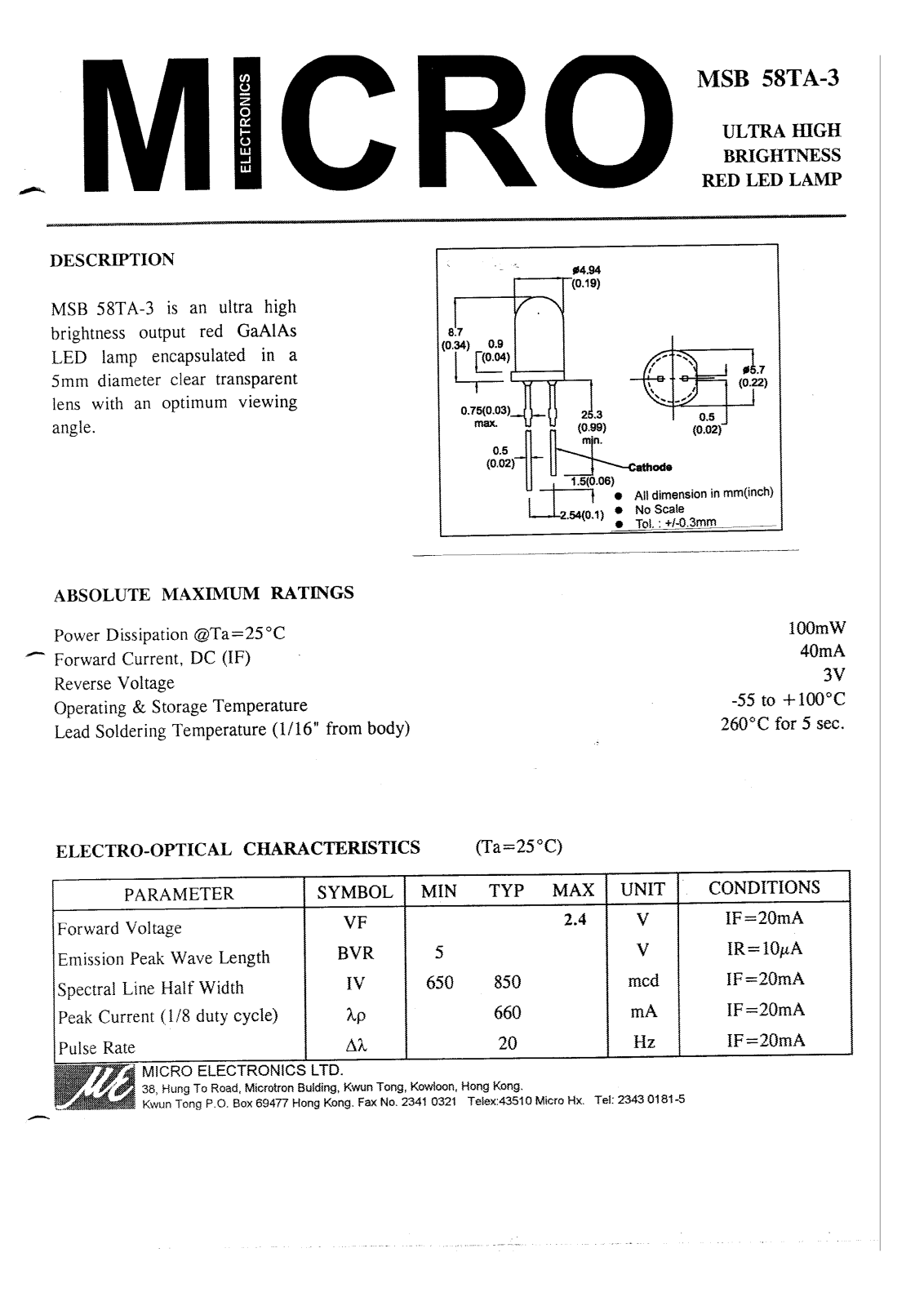 MICRO MSB58TA-3 Datasheet