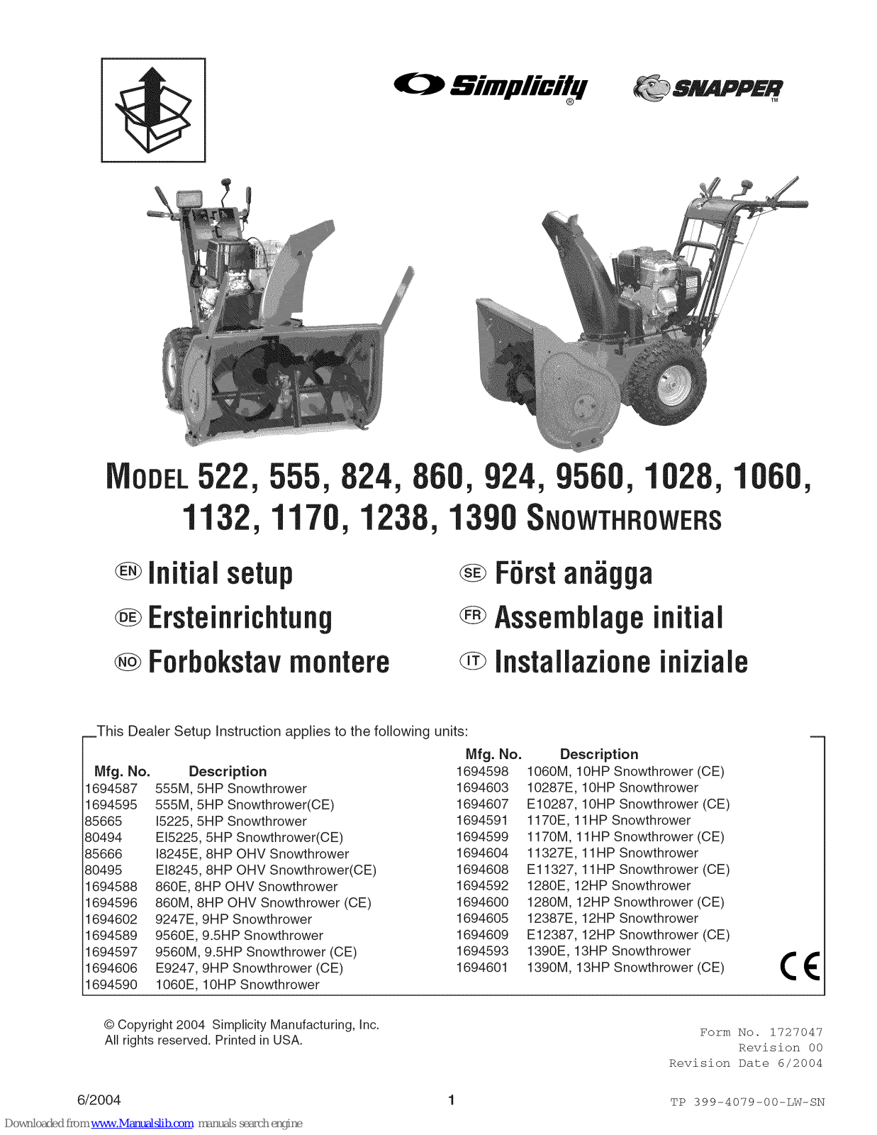 Simplicity 522, 555, 824, 860, 924 Initial Setup Manual - ManualMachine.com