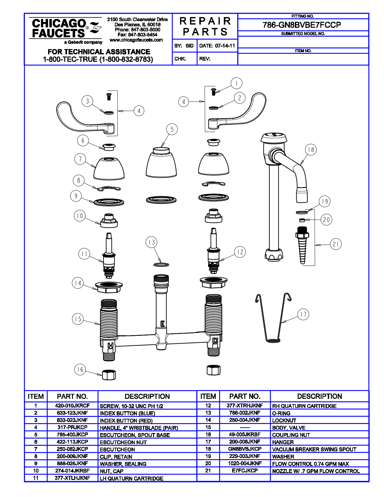 Chicago Faucet 786-GN8BVBE7FCCP Parts List