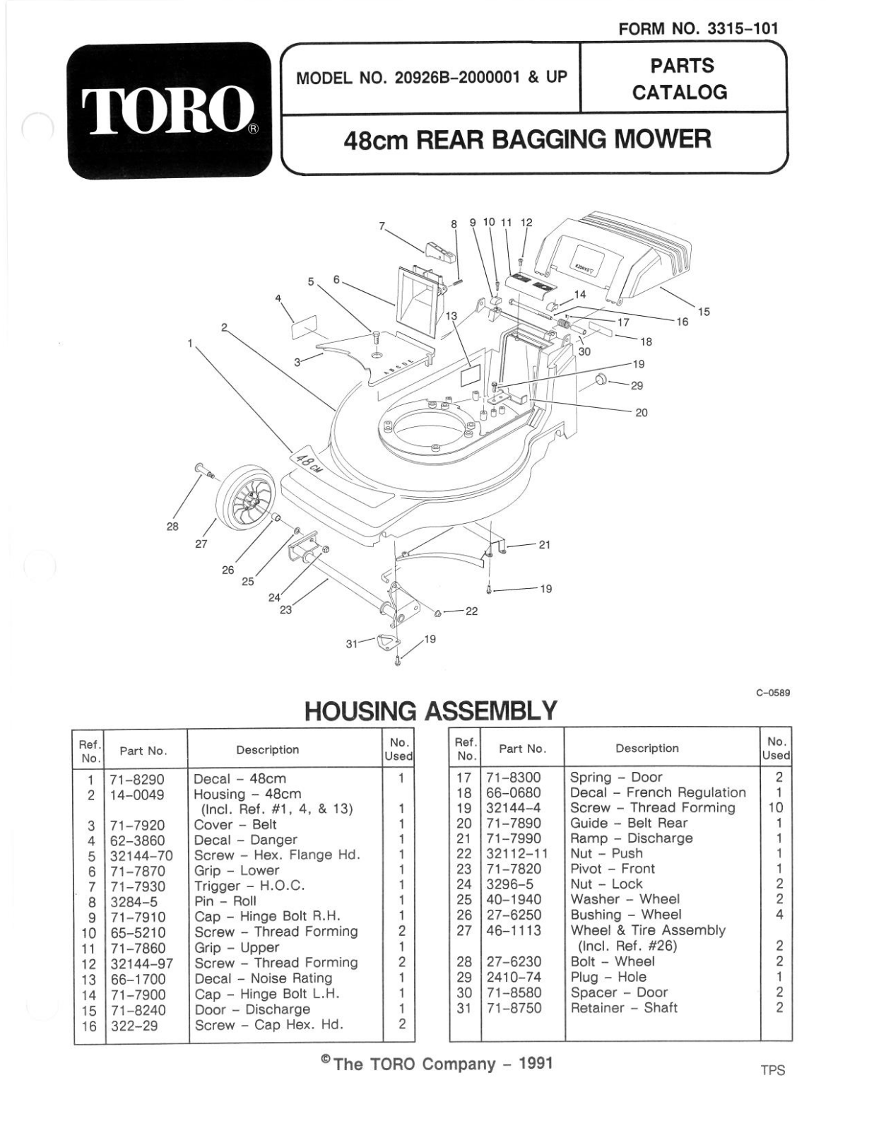 Toro 20926B Parts Catalogue