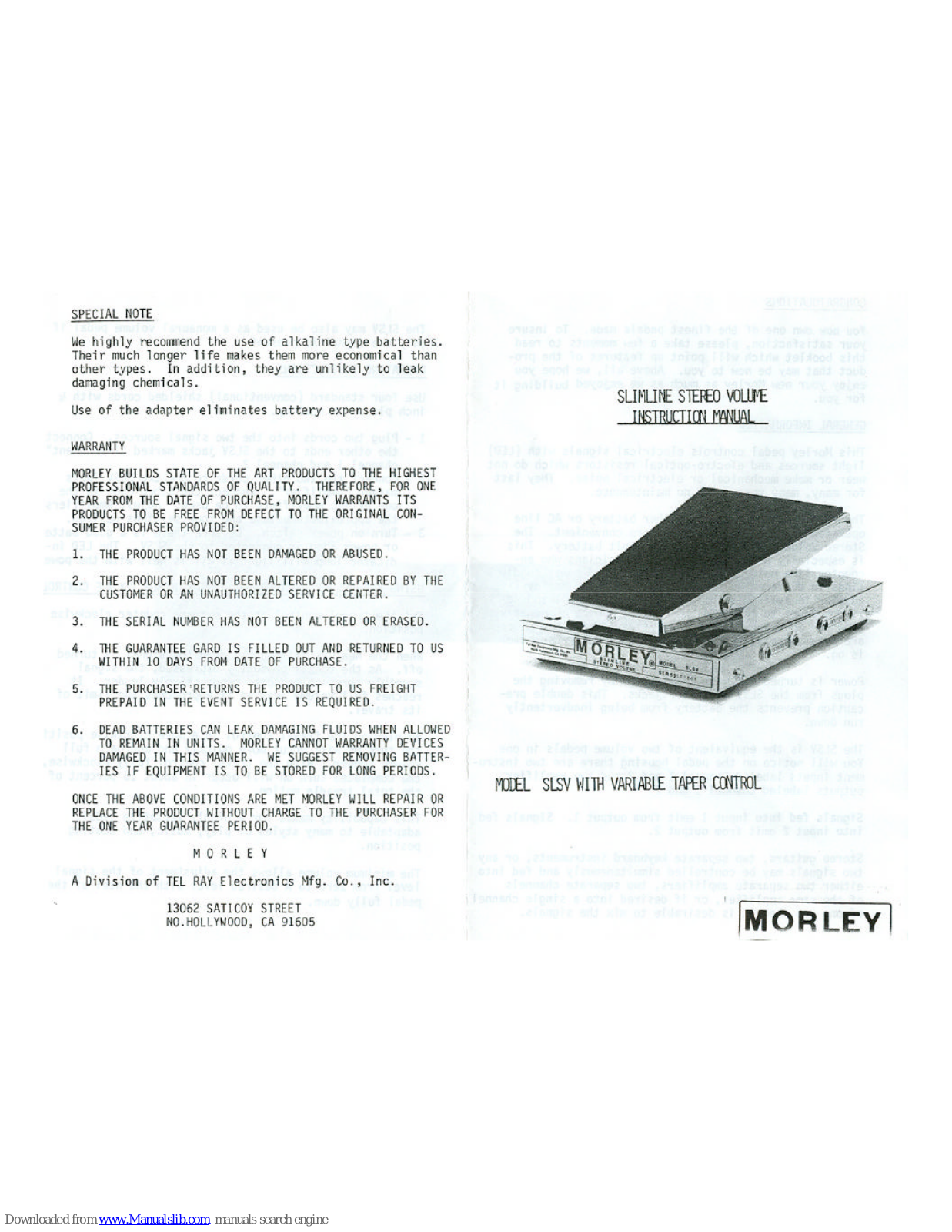 MORLEY PEDALS SLSV1, SLSV, Slimline Stereo Volume Instruction Manual