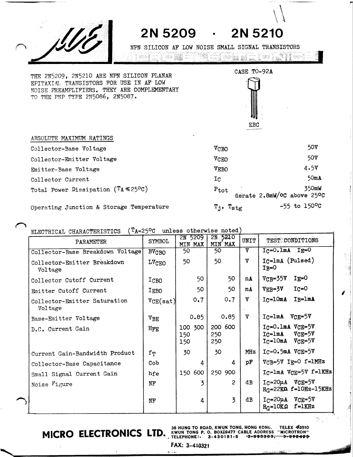 ME 2N5210, 2N5209 Datasheet