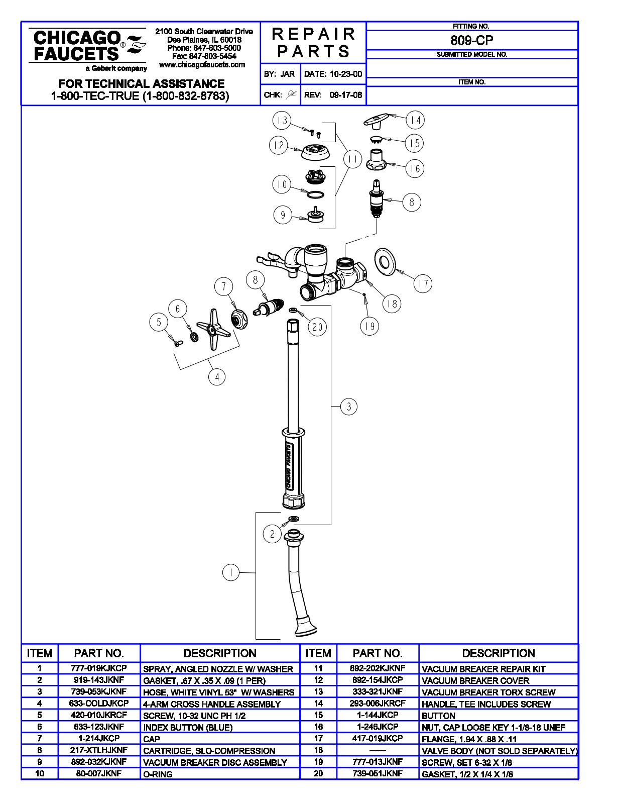 Chicago Faucet 809 Parts List