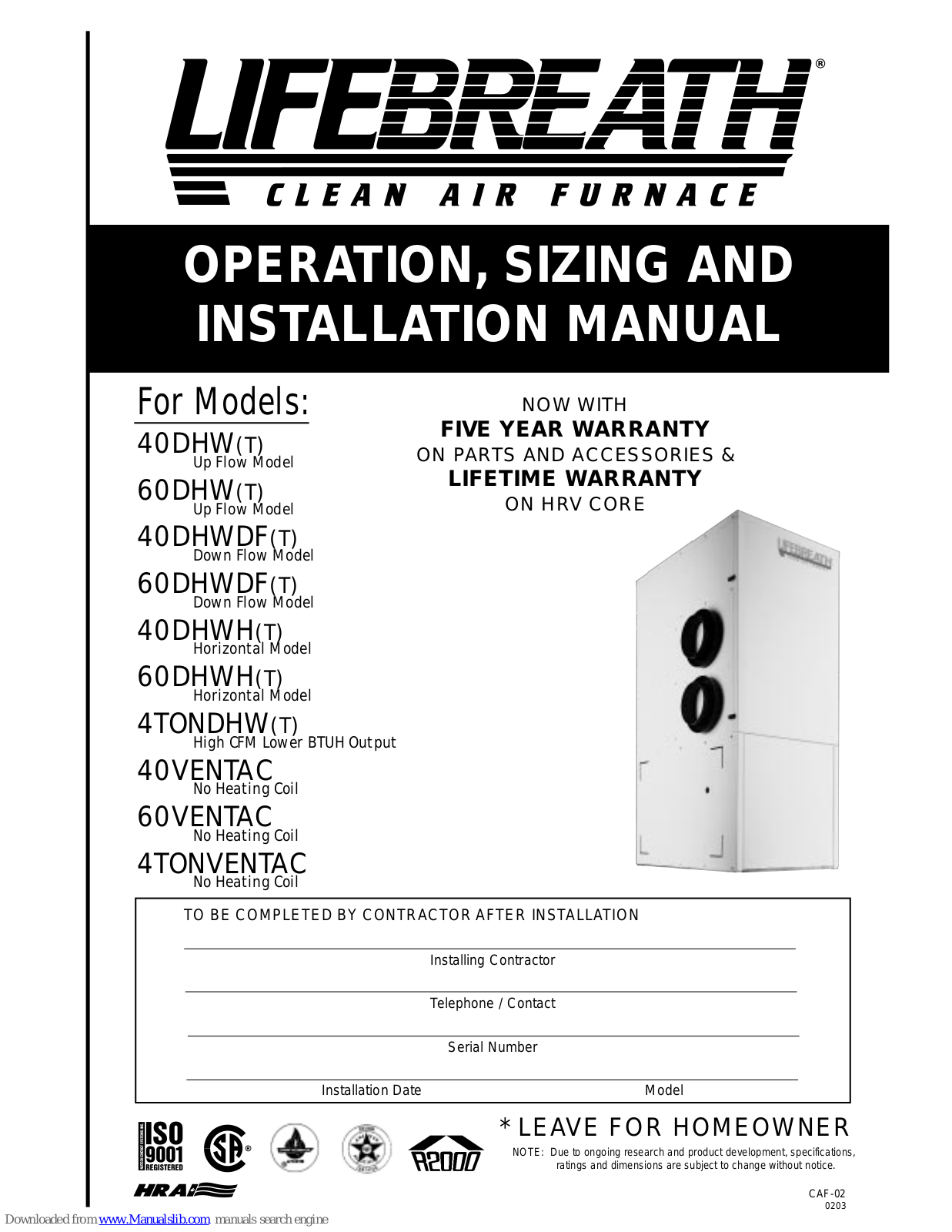 Lifebreath 40DHW, 40DHWDF, 60DHW, 40DHWH, 60DHWDF Operation, Sizing And Installation Manual