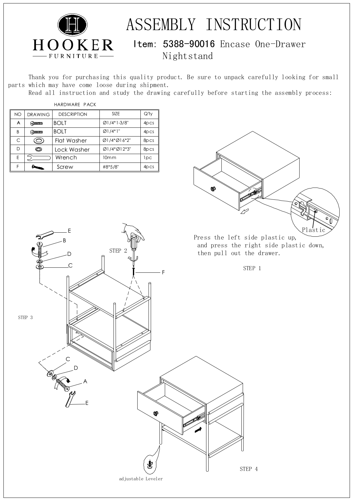 Hooker Furniture 538890016 Assembly Guide