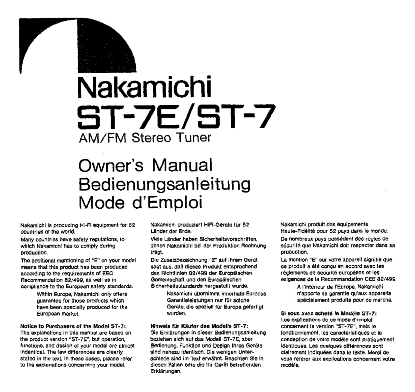 Nakamichi ST-7, ST-7-E Owners manual