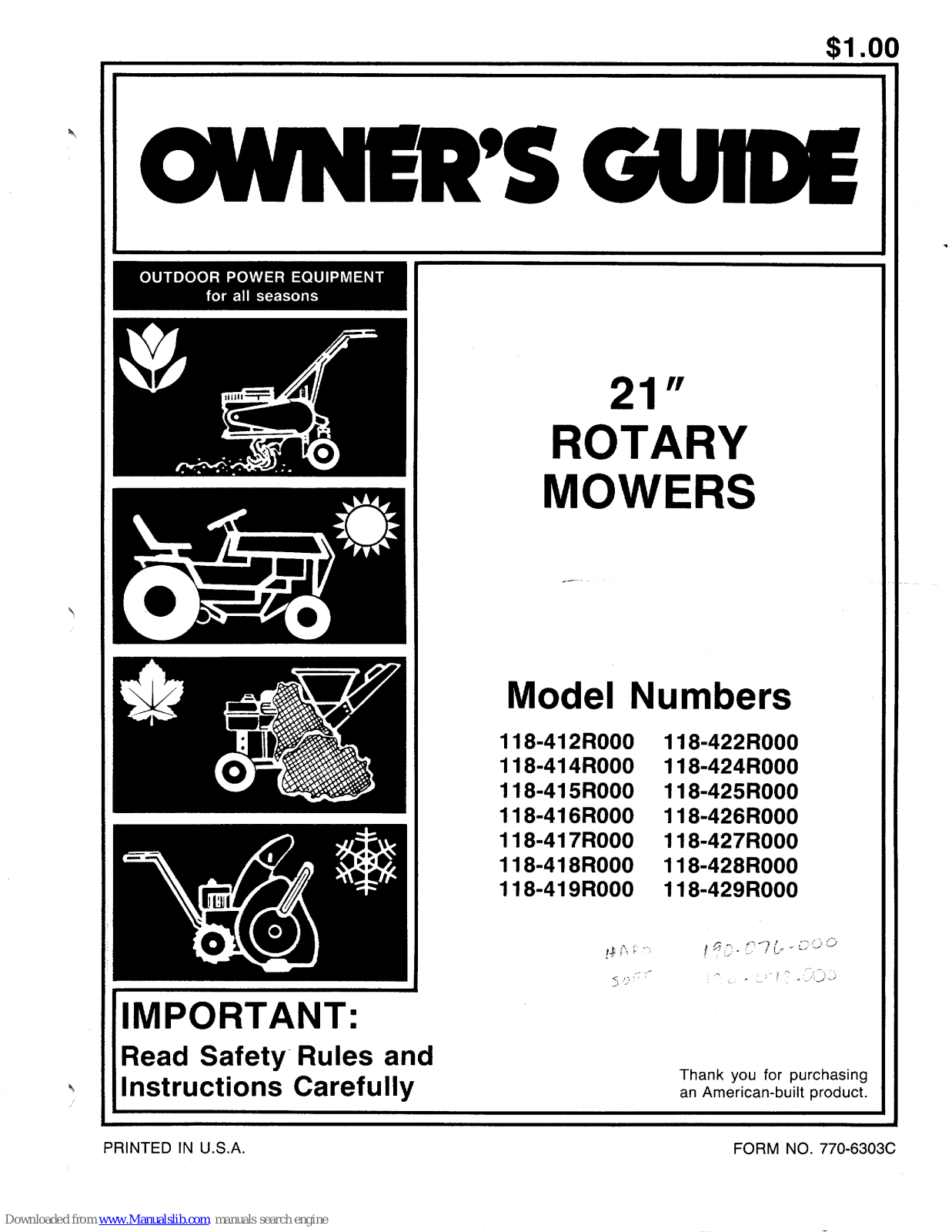 MTD 118-422R000, 118-418R000, 118-414R000, 118-419R000, 118-415R000 Owner's Manual