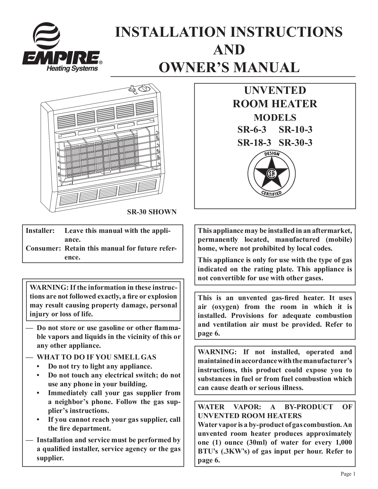 Empire Sr-6, Sr-30, Sr-18, Sr-10 Owner's Manual