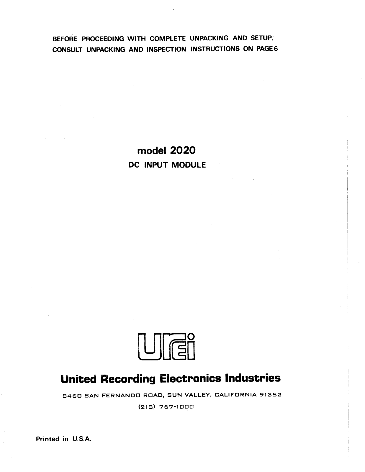 JBL UREI 2020 User Manual